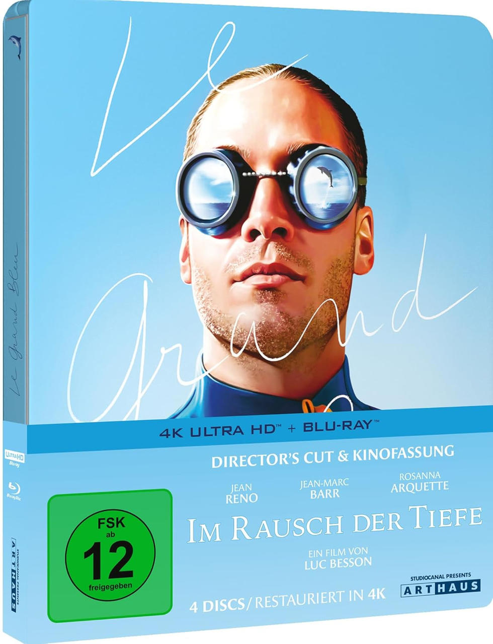Blu-ray-Cover von 'Le Grand Bleu'. Ein Mann mit Brille, Filmtitel und Namen der Schauspieler. Unten ein grüner FSK 12-Aufkleber.