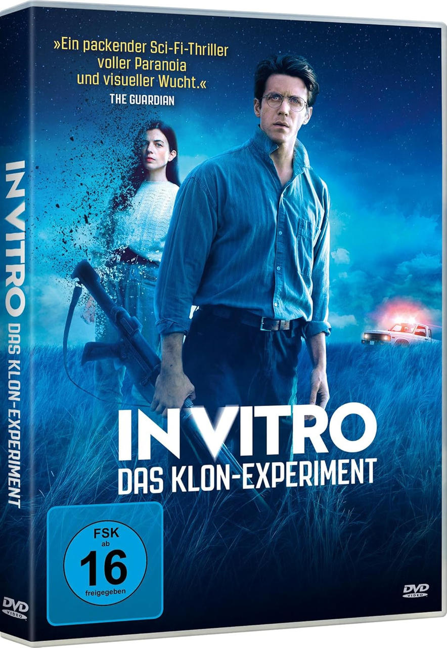 DVD-Cover für 'In Vitro'. Mann in blauem Hemd hält eine Waffe. Frau in Weiß. Text auf Deutsch. Polizeiauto im Hintergrund.