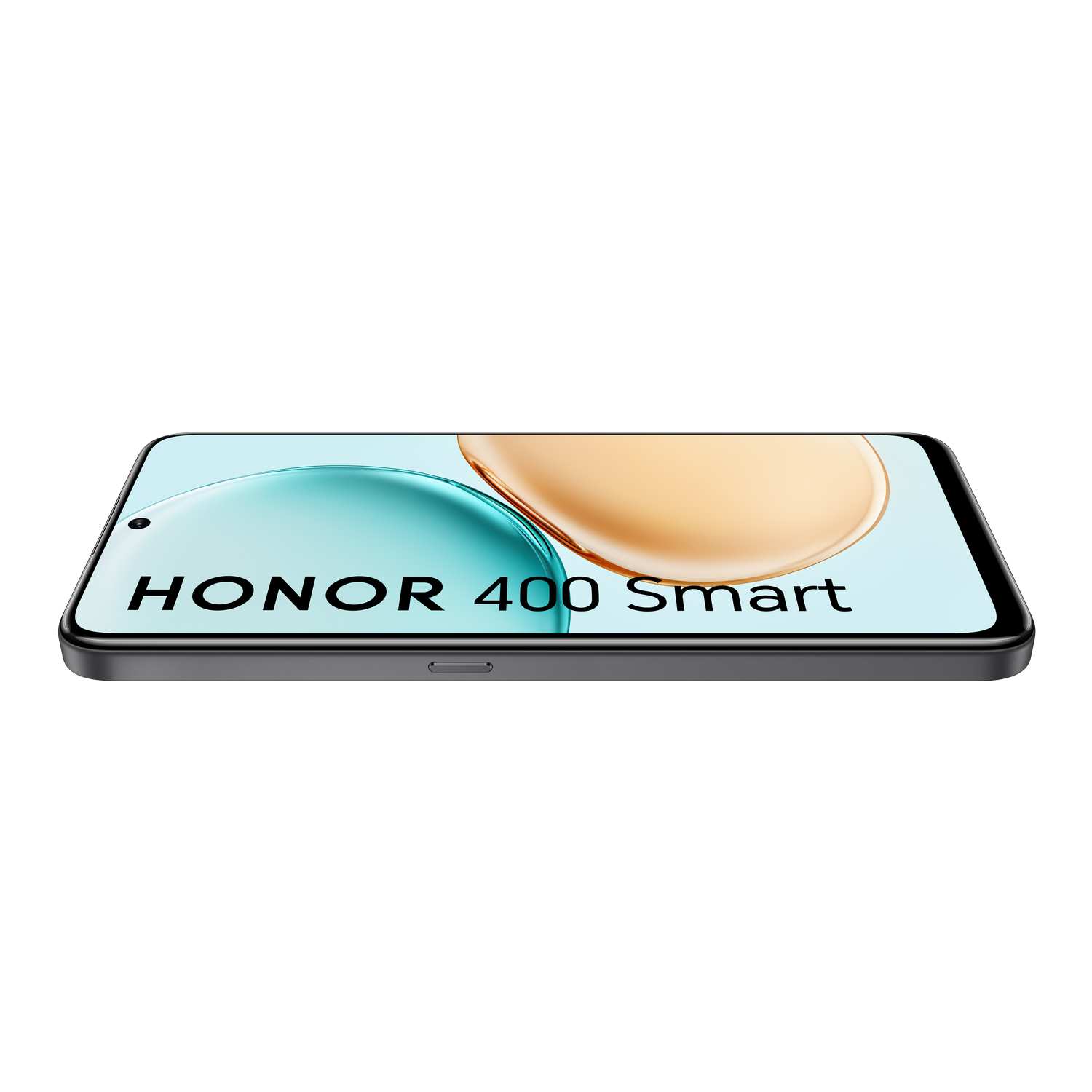 Un smartphone muestra "HONOR 400 Smart" en su pantalla, con un fondo abstracto azul y dorado, sobre fondo gris.