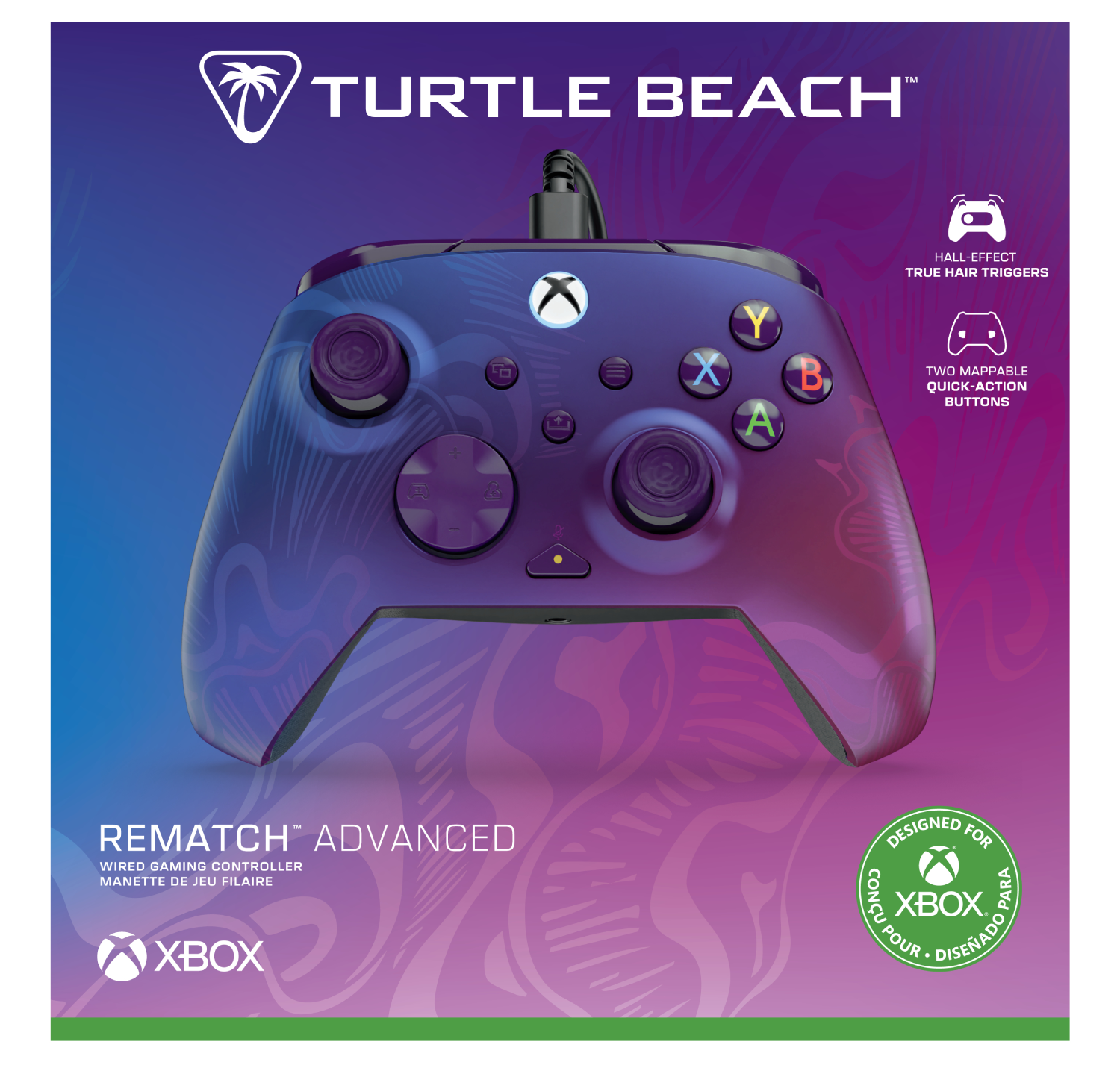Un mando de Xbox morado y azul con el logotipo de Turtle Beach. Tiene botones, gatillos y es con cable. Rematch Advanced.