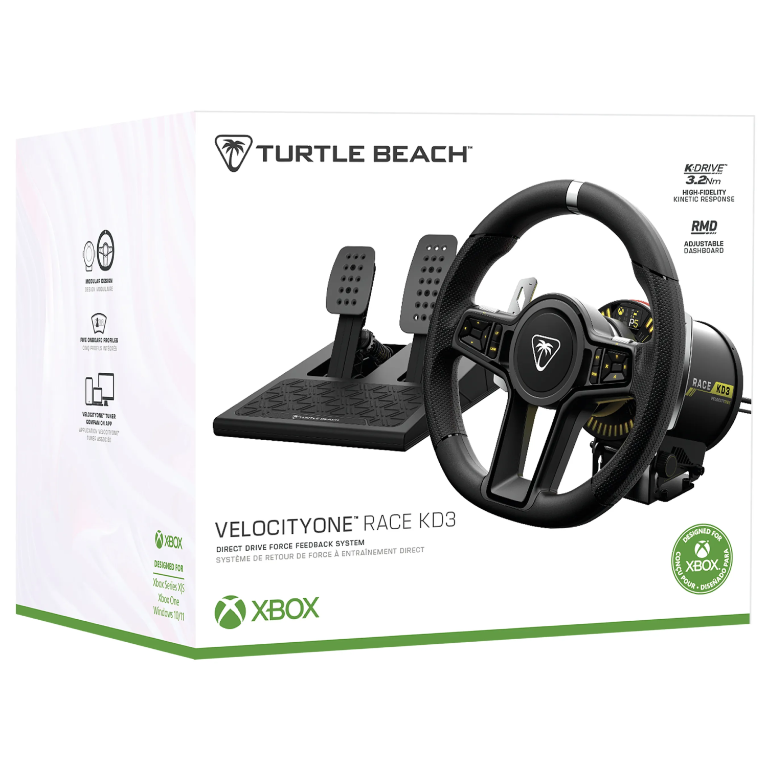 Un juego de volante de carreras Turtle Beach VelocityOne Race KD3. La caja muestra el volante y los pedales. Diseñado para Xbox.