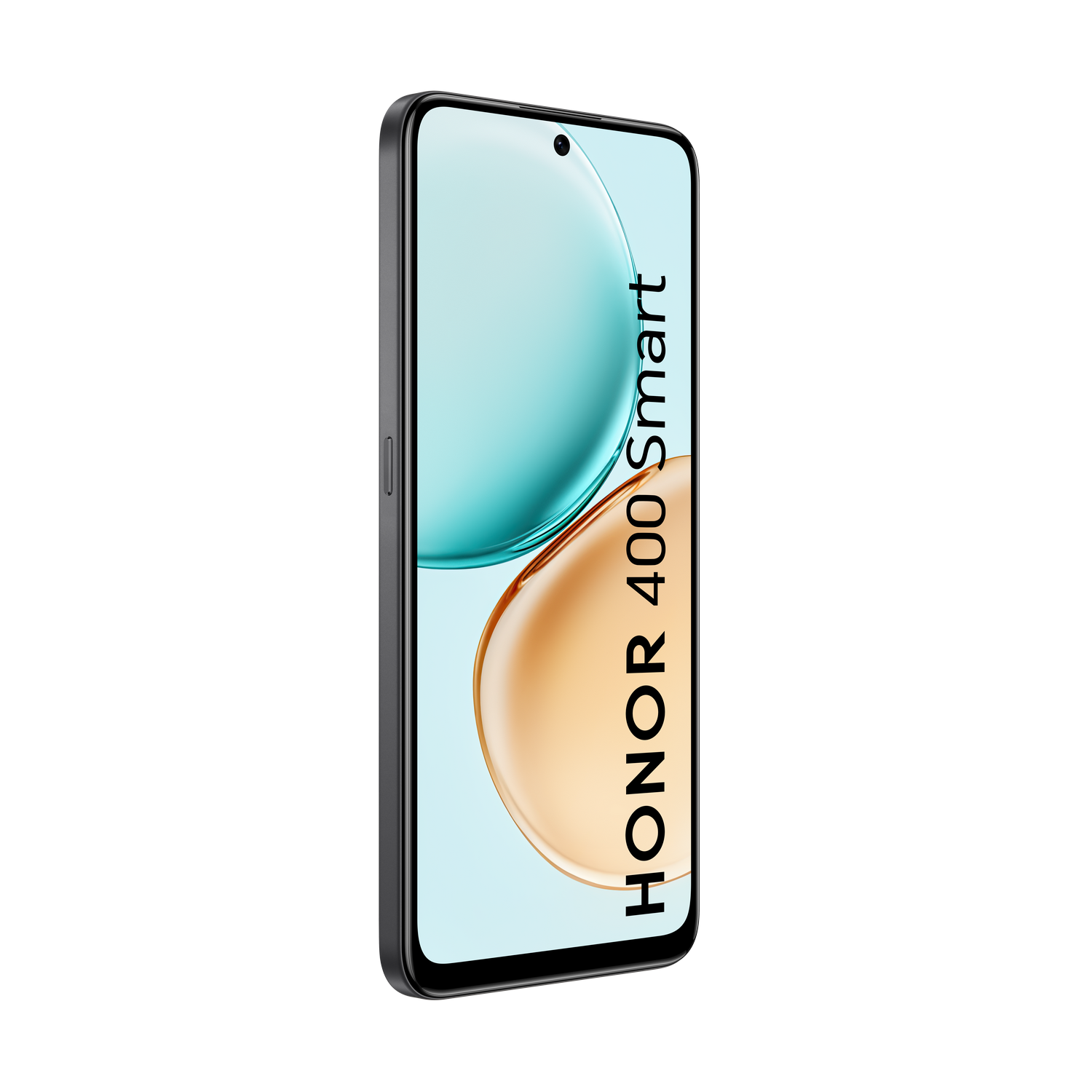 Smartphone Honor 400 Smart, con pantalla turquesa y naranja, marco negro, sobre fondo gris.
