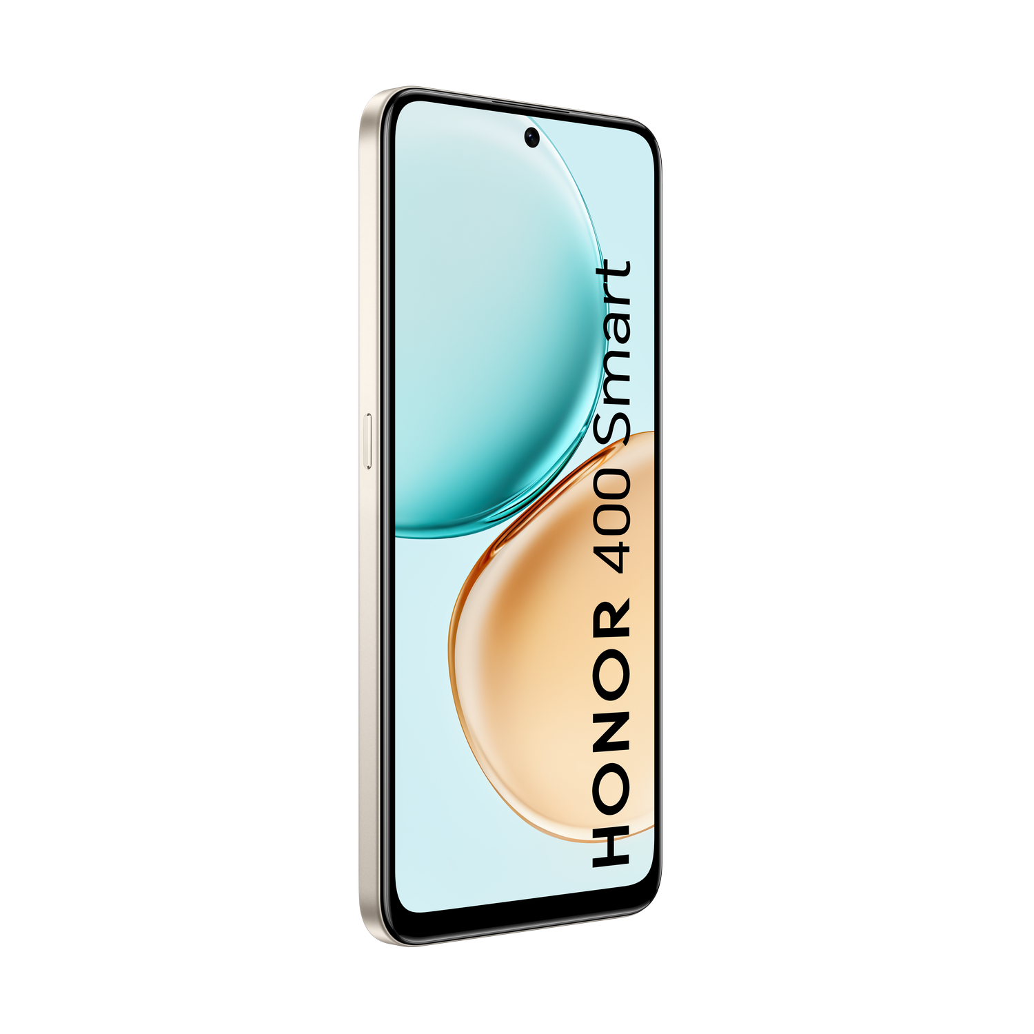 Un teléfono inteligente inclinado hacia la izquierda. La pantalla tiene un degradado azul y dorado con el texto 'HONOR 400 Smart'. El fondo es gris.