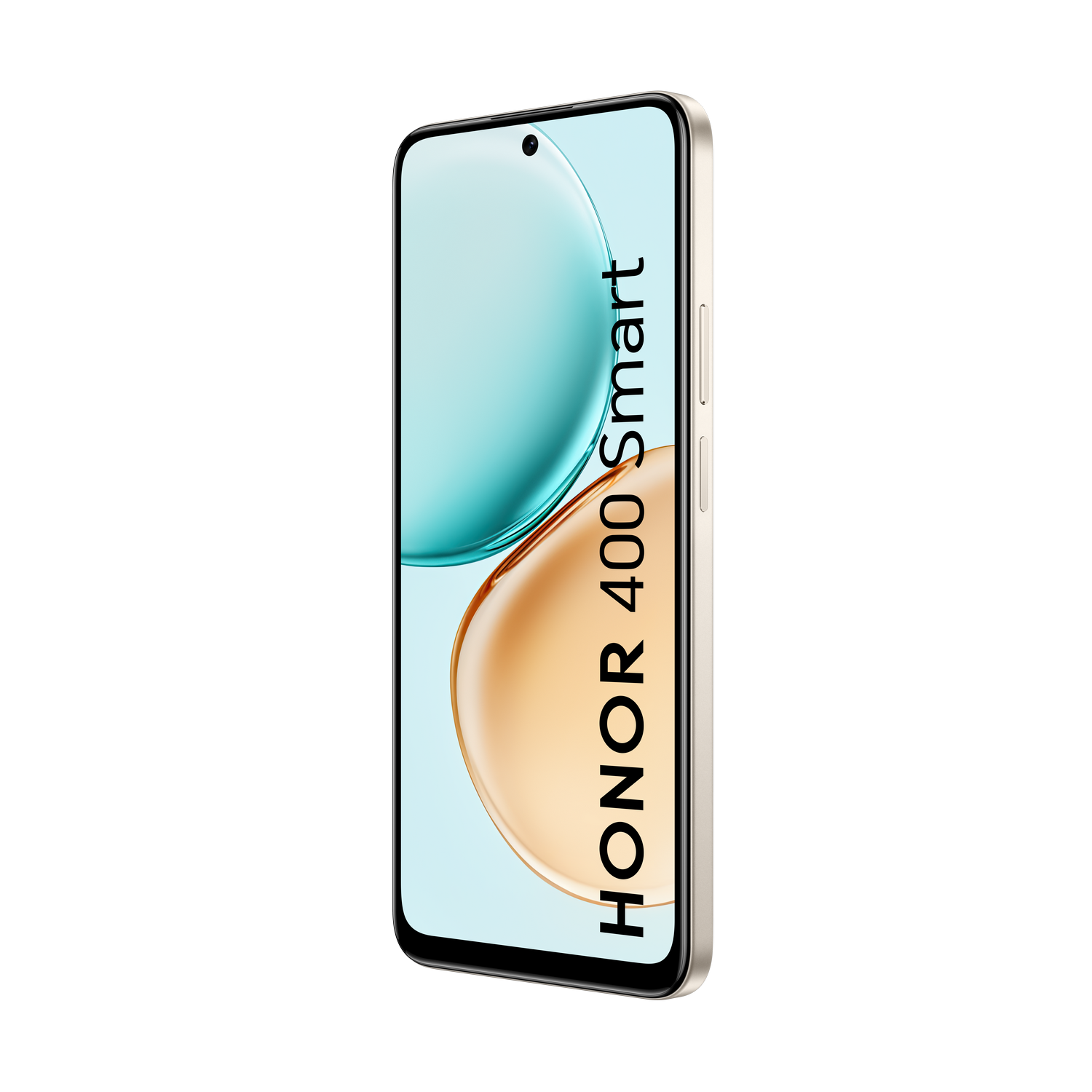 Un smartphone inclinado hacia un lado. La pantalla muestra un diseño azul claro y dorado. El lateral del teléfono es plateado con botones.