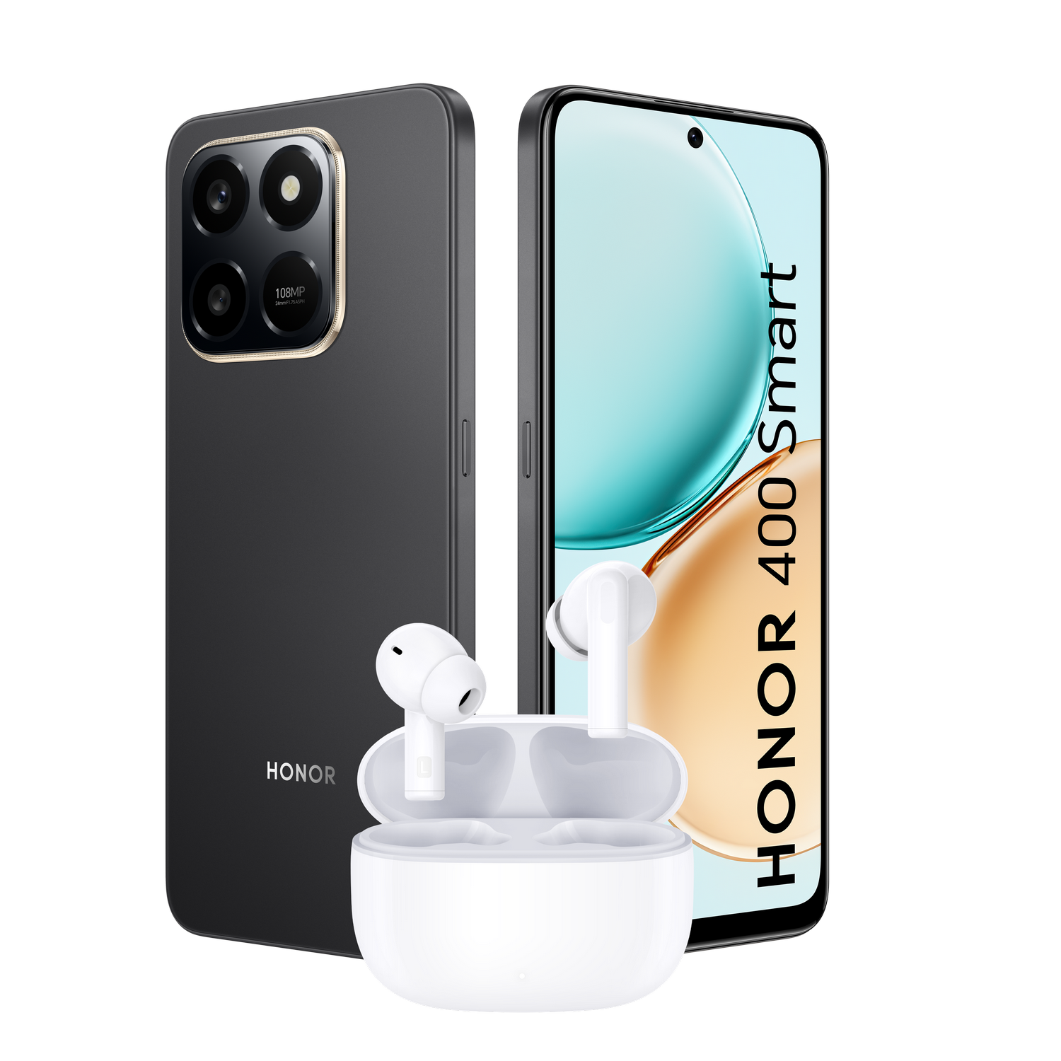 Un teléfono Honor negro y un teléfono con la pantalla encendida, con auriculares blancos y su estuche. Fondo gris.