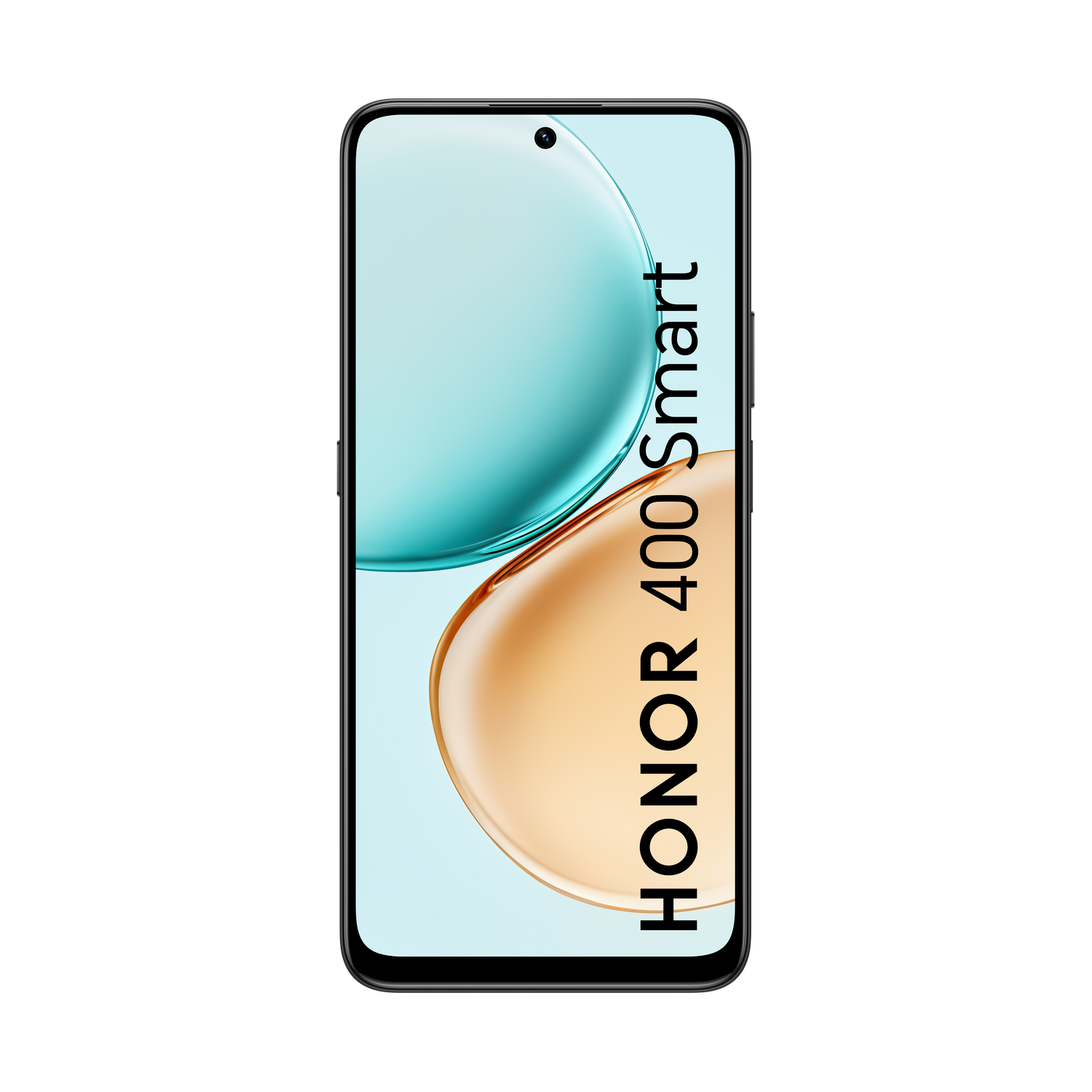 Un smartphone con marco negro muestra un degradado de verde azulado y dorado. El texto 'HONOR 400 Smart' está impreso verticalmente.
