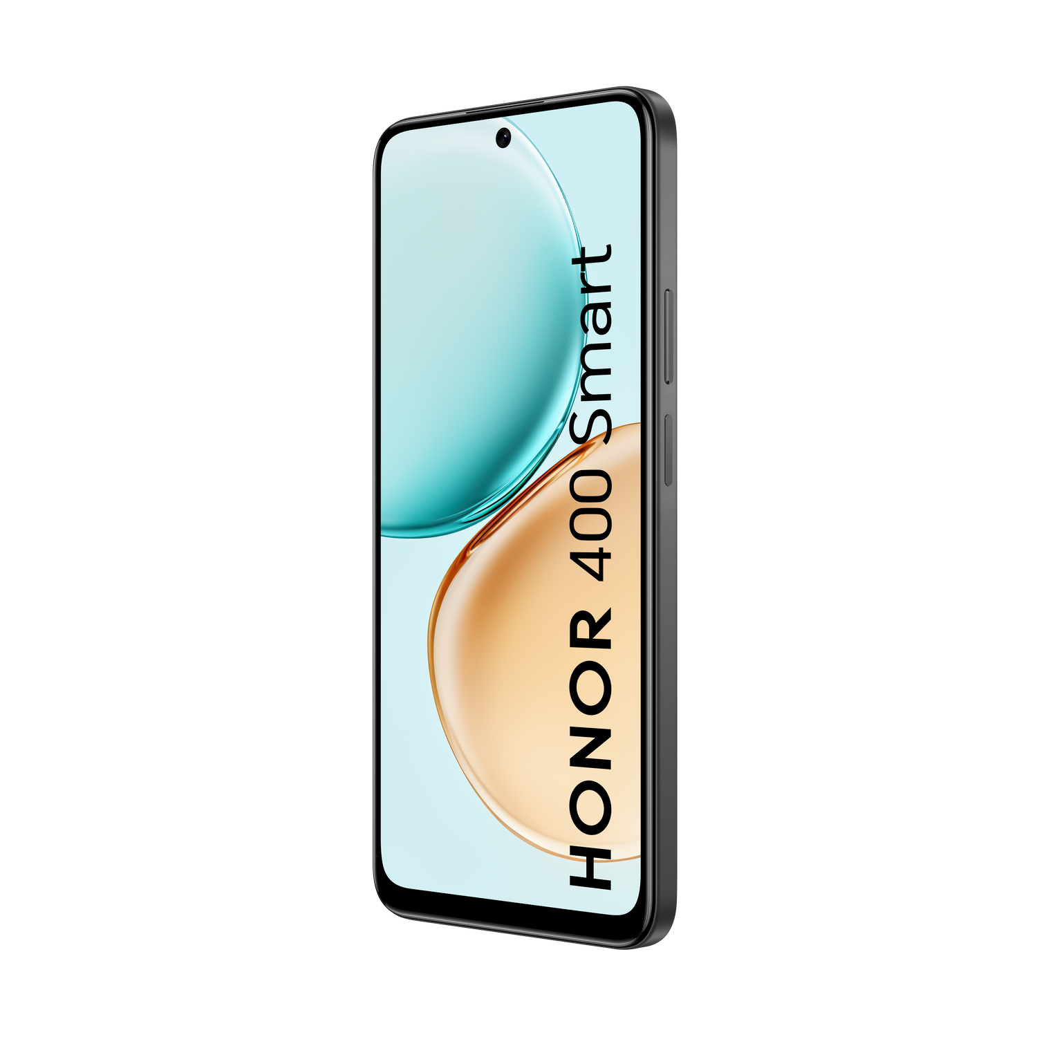 Se muestra un teléfono inteligente, HONOR 400 Smart. Tiene un marco negro y una pantalla con degradados azules y naranjas. Fondo gris.