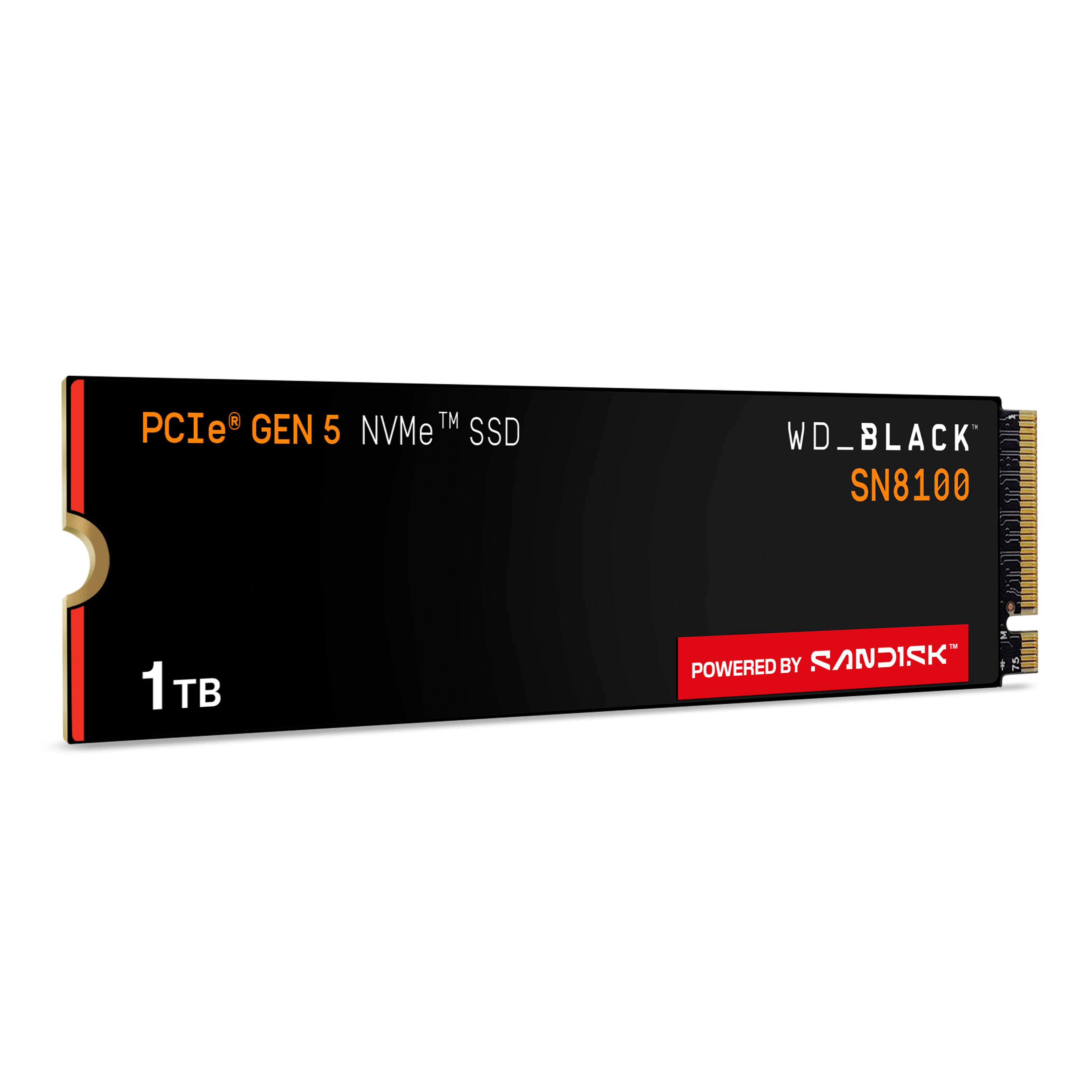 Eine NVMe-SSD-Festplatte. Schwarzer Körper mit orangefarbenem und weißem Text. Markenname ist WD_BLACK und Modell SN8100. 1TB Kapazität.