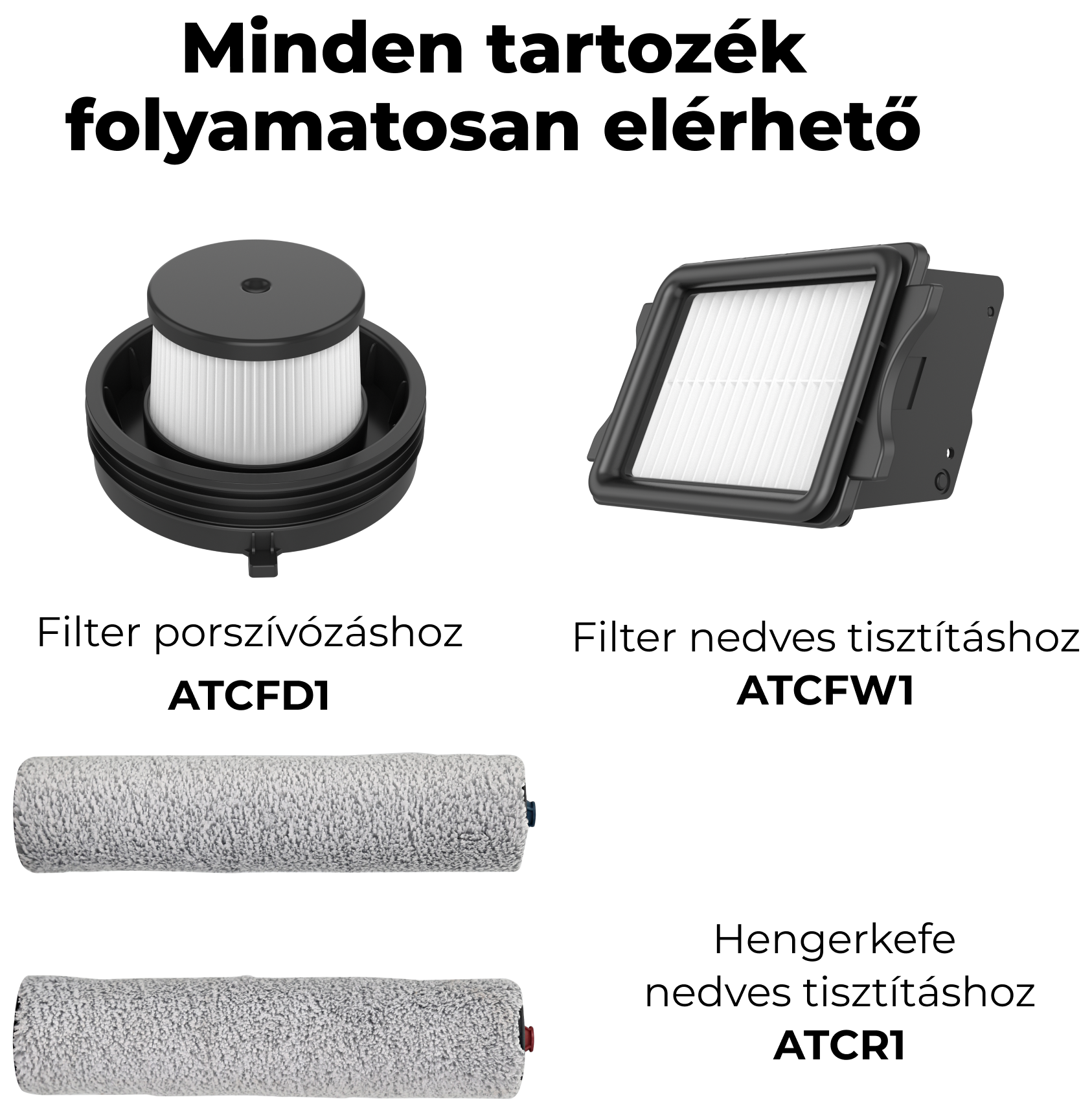 A képen különféle porszívó tartozékok láthatók, beleértve a szűrőket és a hengerkeféket fehér háttéren.