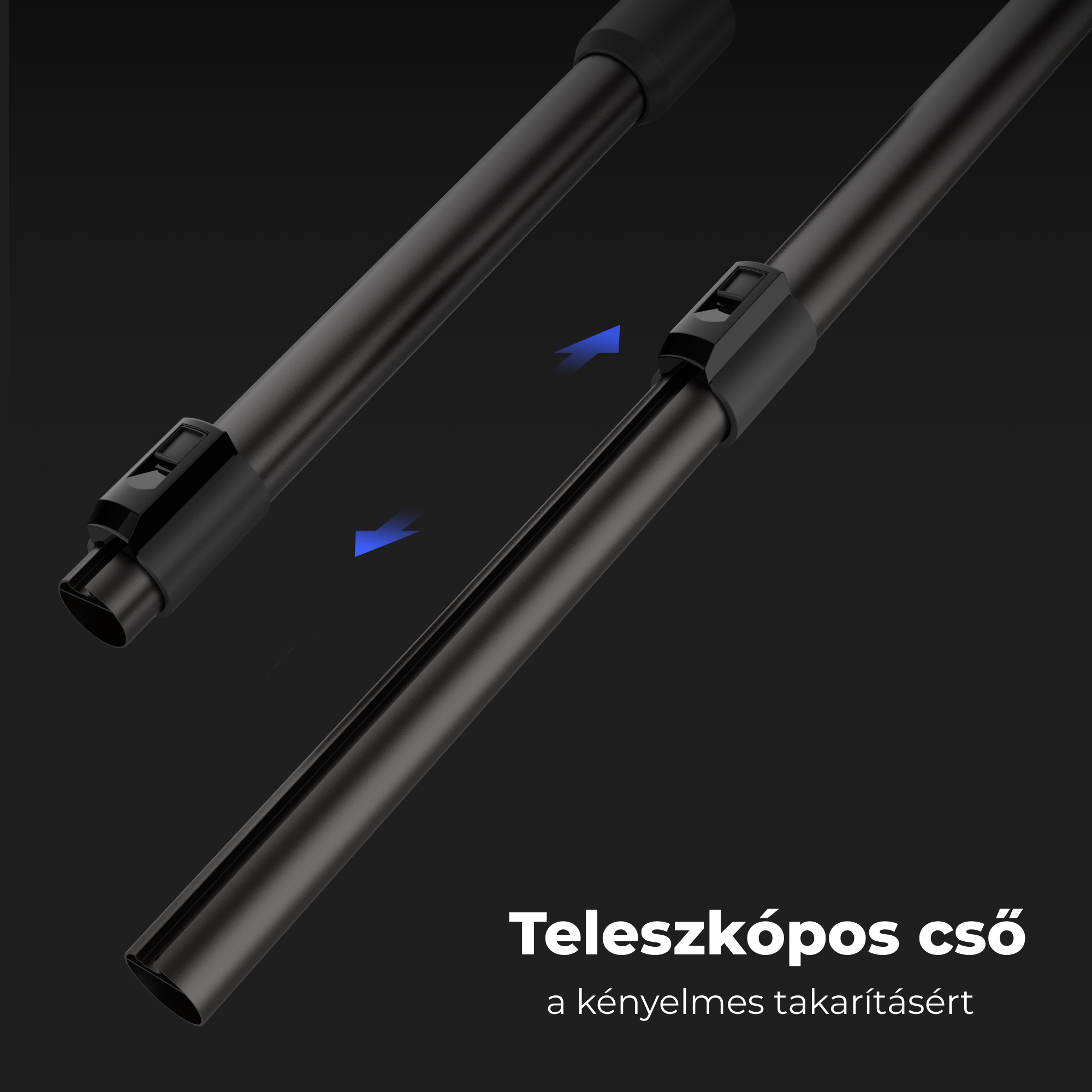 Fekete teleszkópos cső részek, külön jelenítve, kék nyilakkal jelezve az illesztést, sötétszürke háttér előtt.