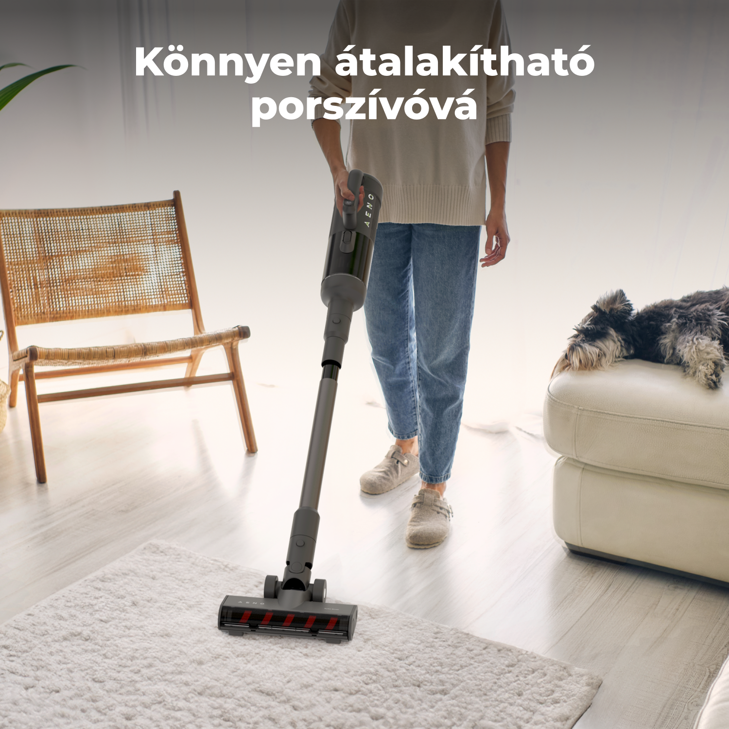 Egy személy egy szürke porszívóval porszívózza a fehér szőnyeget. Egy kutya pihen egy fehér kanapén. Egy fa szék a háttérben.