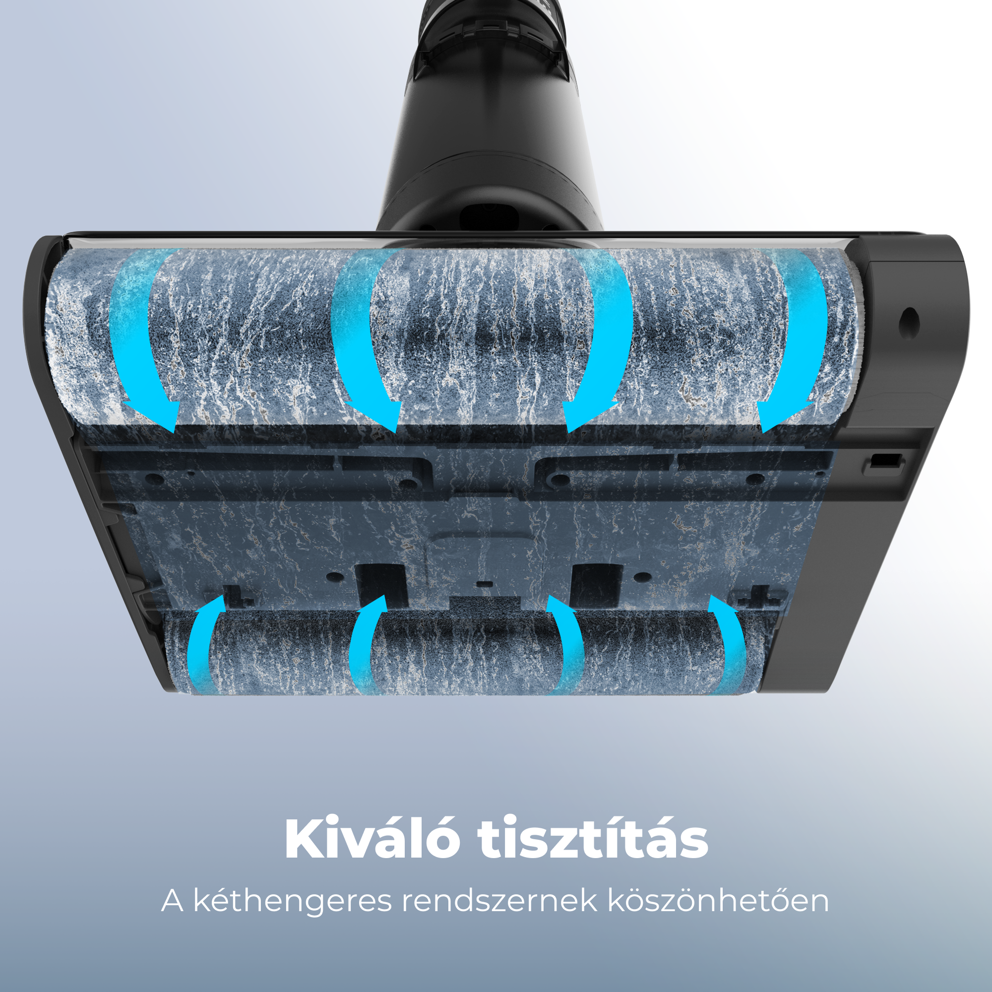Egy porszívófej közeli képe, kék nyilakkal, amelyek a tisztítási műveletet jelzik. A 'Kiváló tisztítás' felirat látható.