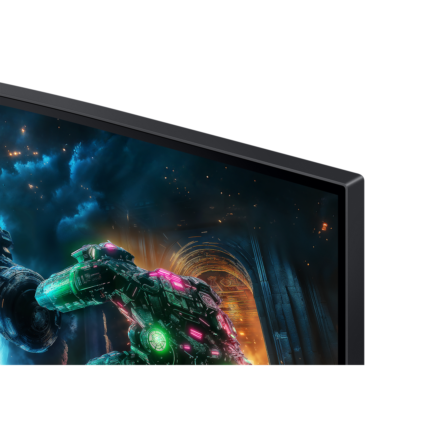 Een futuristisch ruimteschip met groene en roze lichten vliegt in een hemelse scène. De afbeelding wordt weergegeven op een monitor.