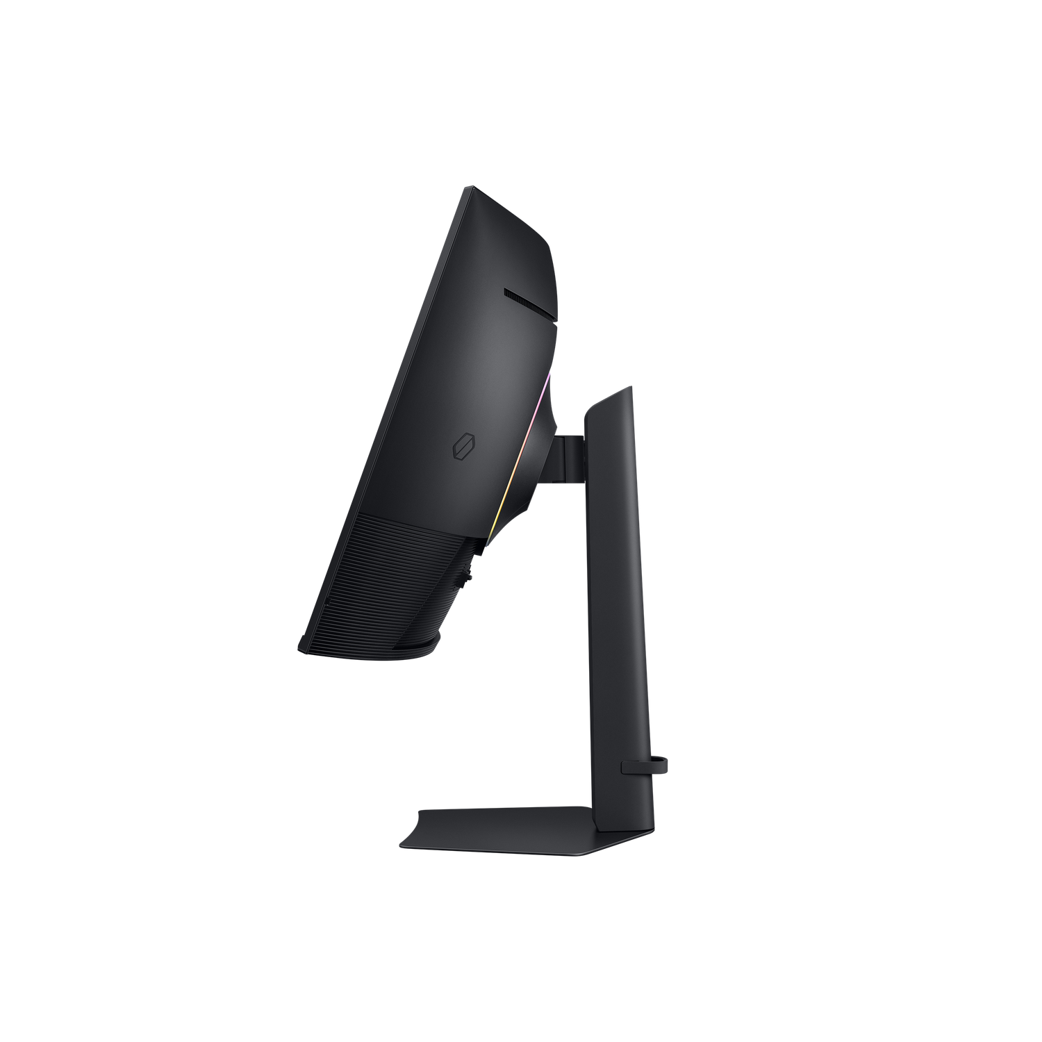 Een zwarte computermonitor, zijaanzicht, op een zwarte achtergrond. De monitor wordt ondersteund door een standaard. Er zijn wat gekleurde lichten zichtbaar.