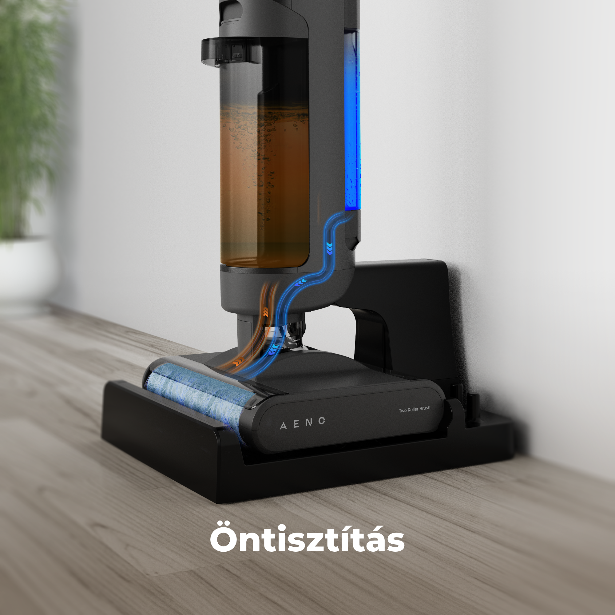Fekete porszívó fapadlón. Nyilak mutatják a víz áramlását. Növény és fal a háttérben. A szöveg: Öntisztítás.