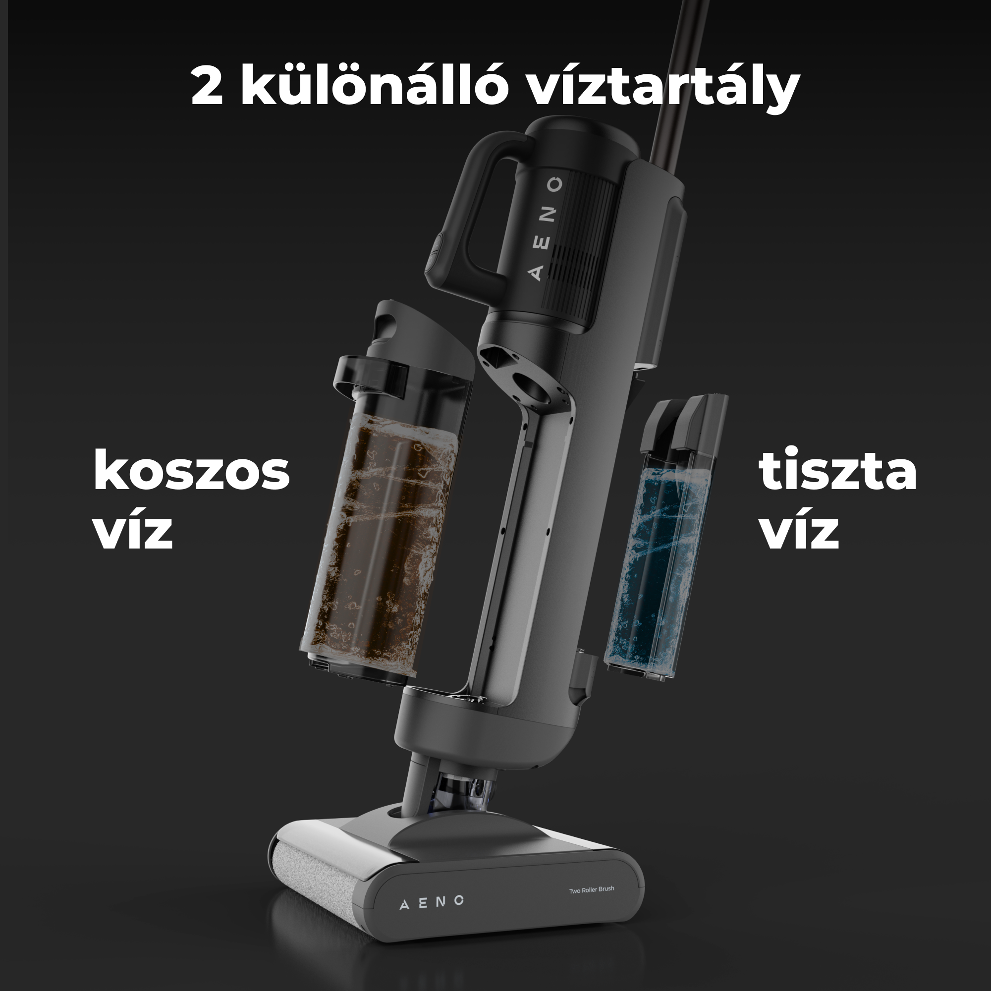 Egy fekete-szürke AENO porszívó, két víztartállyal, 'koszos víz' és 'tiszta víz' felirattal.