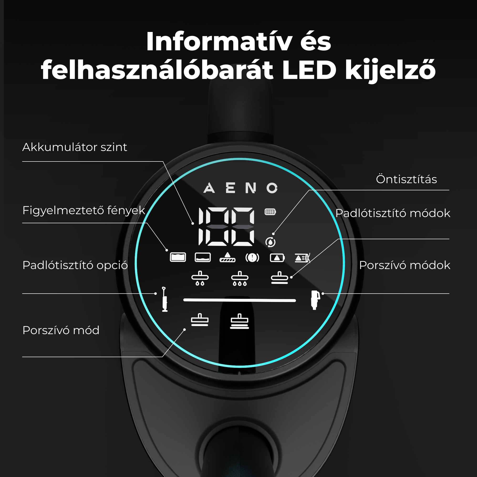 Egy fekete porszívó kijelzőjének közelképe, amely az akkumulátor szintjét, a tisztítási módokat és a figyelmeztető lámpákat mutatja.