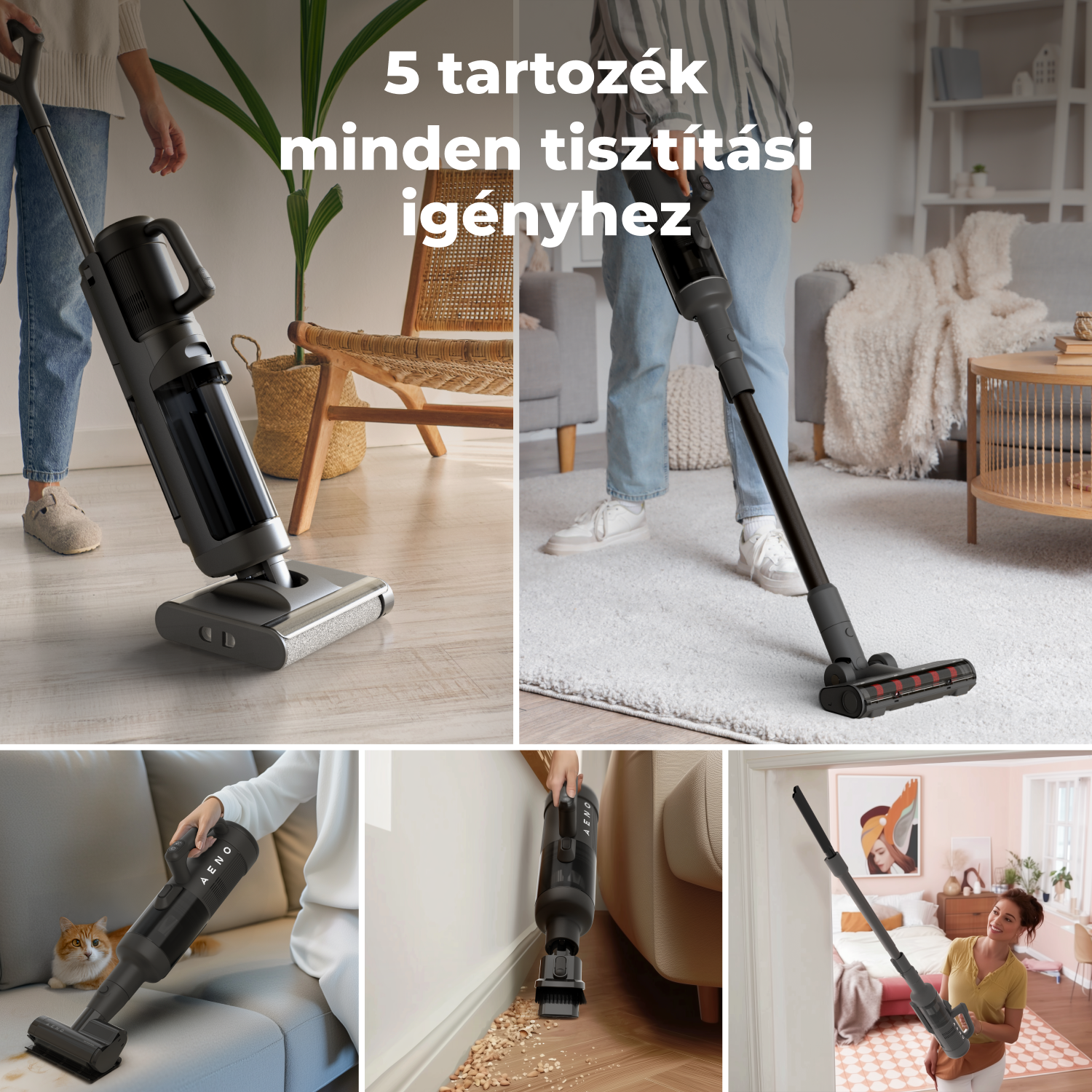 A képen egy fekete porszívó látható, amint különböző helyeken használják, például szőnyegen, kanapén és fal közelében.
