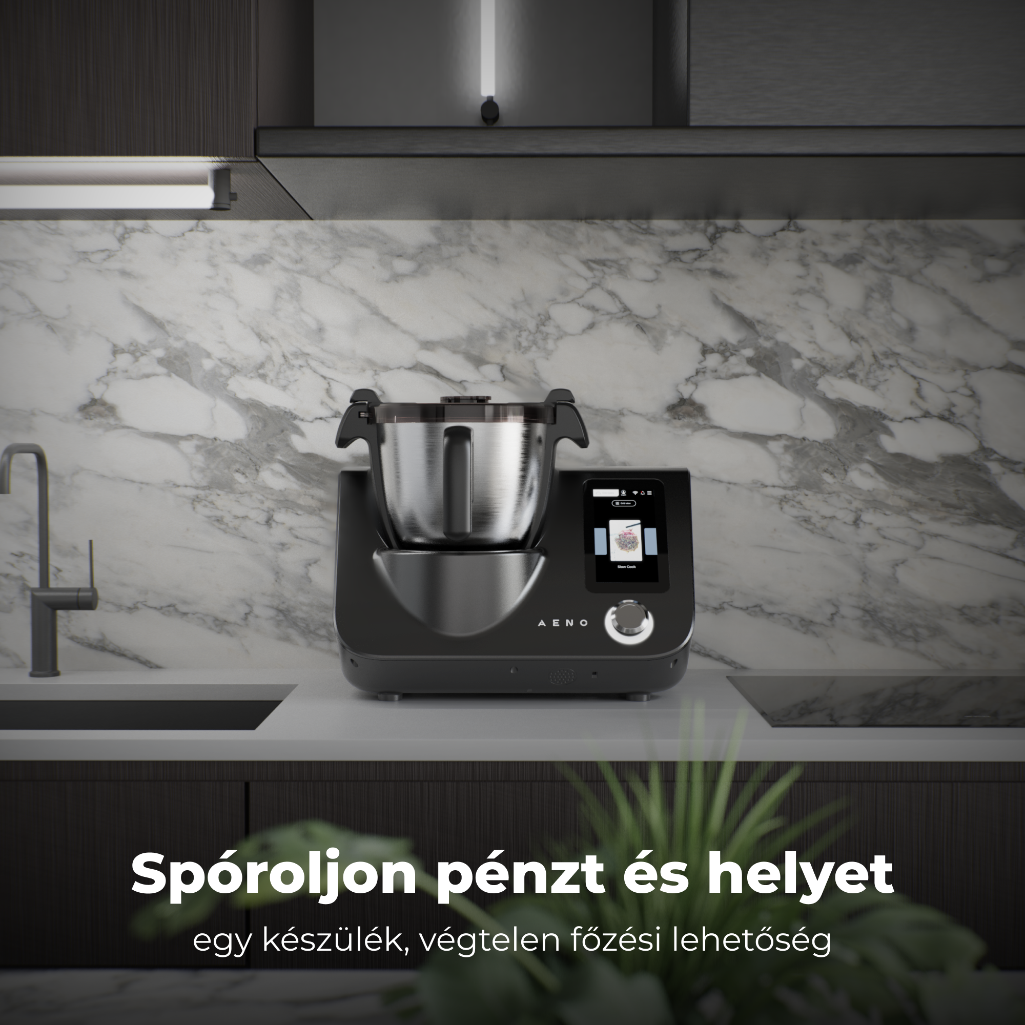 Egy fekete konyhai készülék érintőképernyővel a pulton. Márvány hátlap. Zöld növény az előtérben.