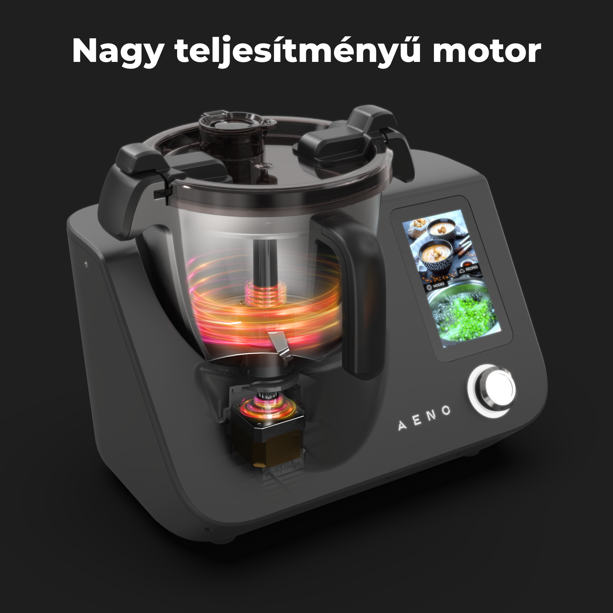 Egy fekete konyhai készülék átlátszó tartállyal, amely egy színes belső mechanizmust és egy receptet mutató képernyőt mutat.