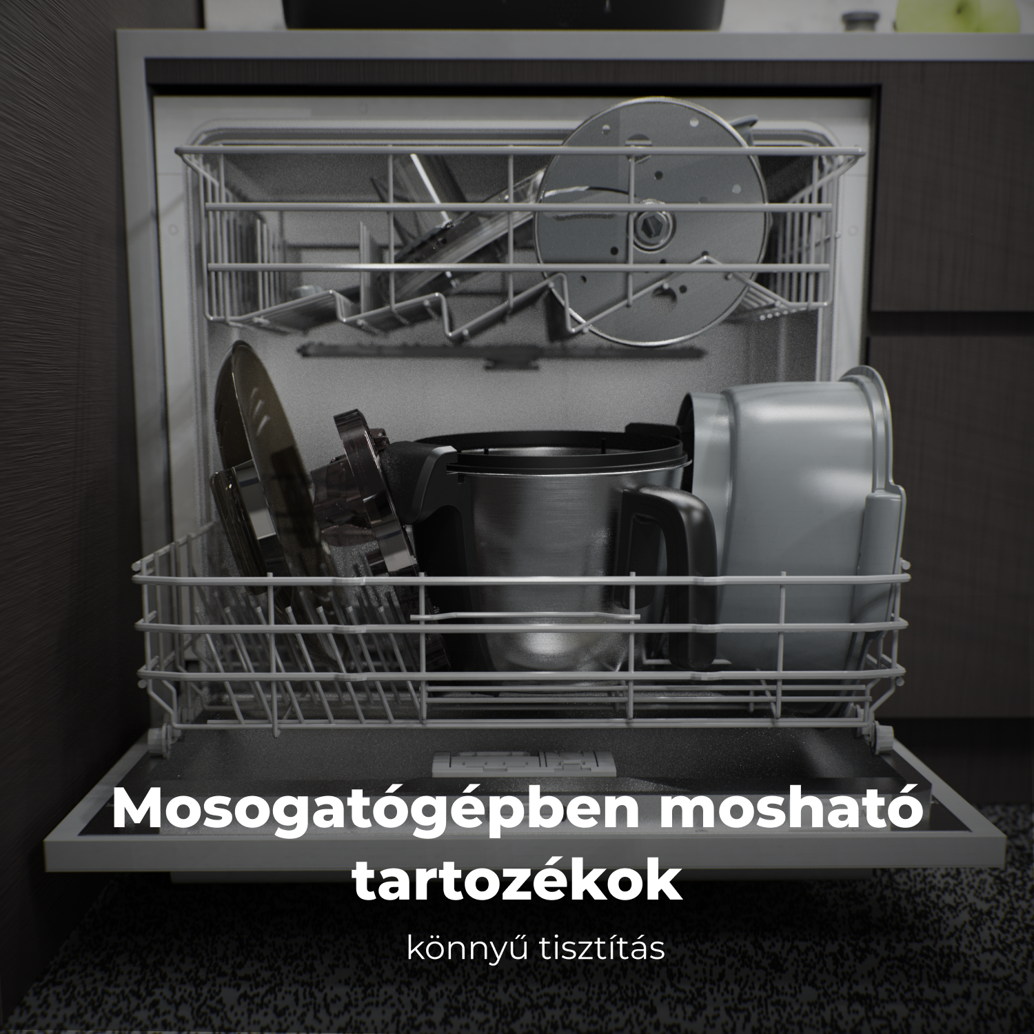 Mosogatógép nyitott ajtóval, tele konyhai kiegészítőkkel. Alul a szöveg: 'Mosogatógépben mosható tartozékok' és 'könnyű tisztítás'.