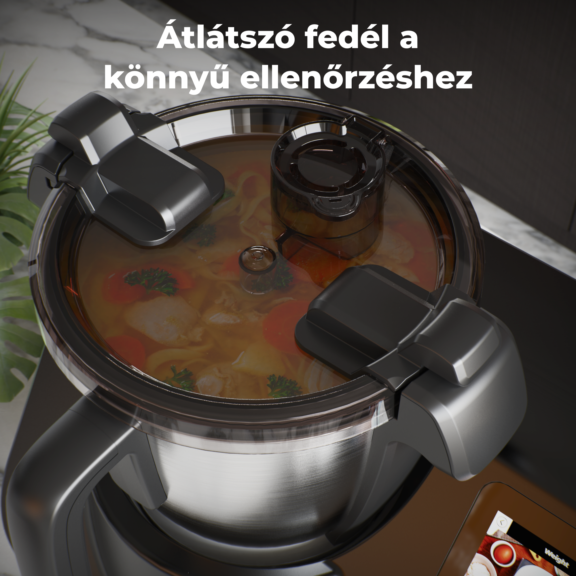 Átlátszó fedő egy fazékon, levest tartalmaz. A fedő fekete, fekete fogantyúkkal. A háttér sötét.