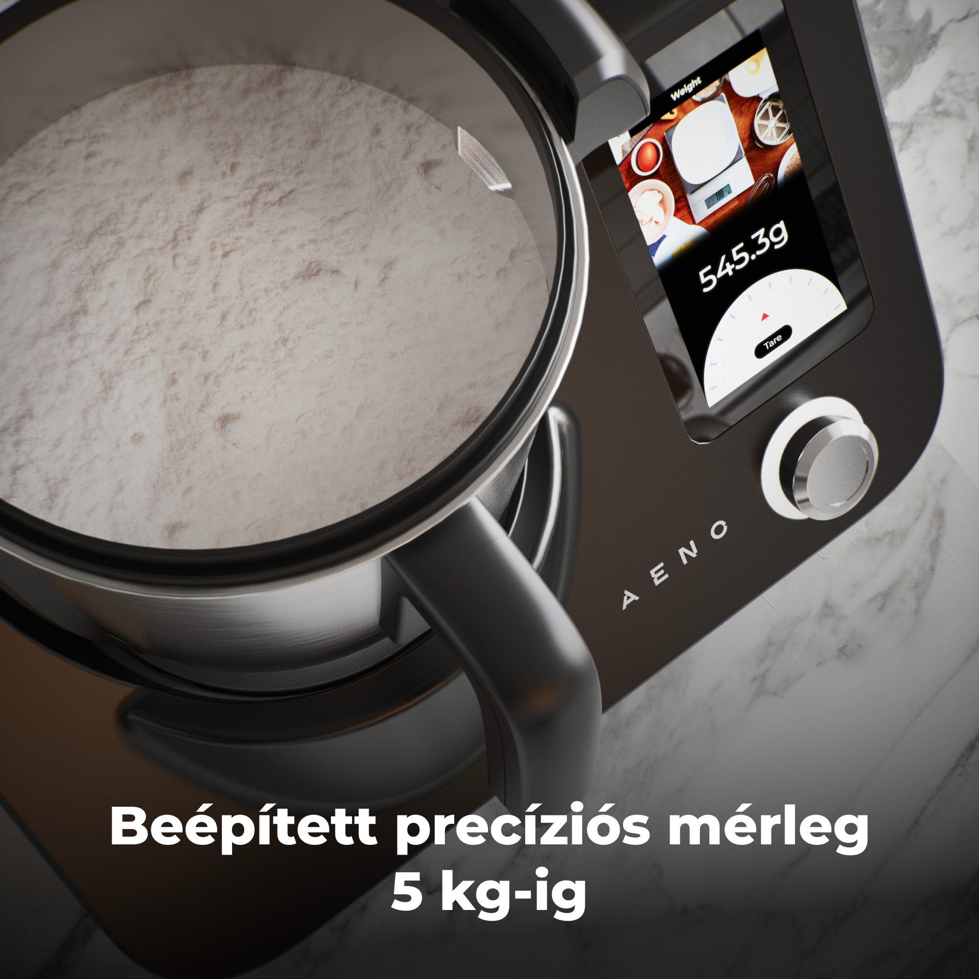 Fekete konyhai gép liszttel, digitális kijelző 545,3g. Márvány háttér, szöveg: 5 kg-ig.