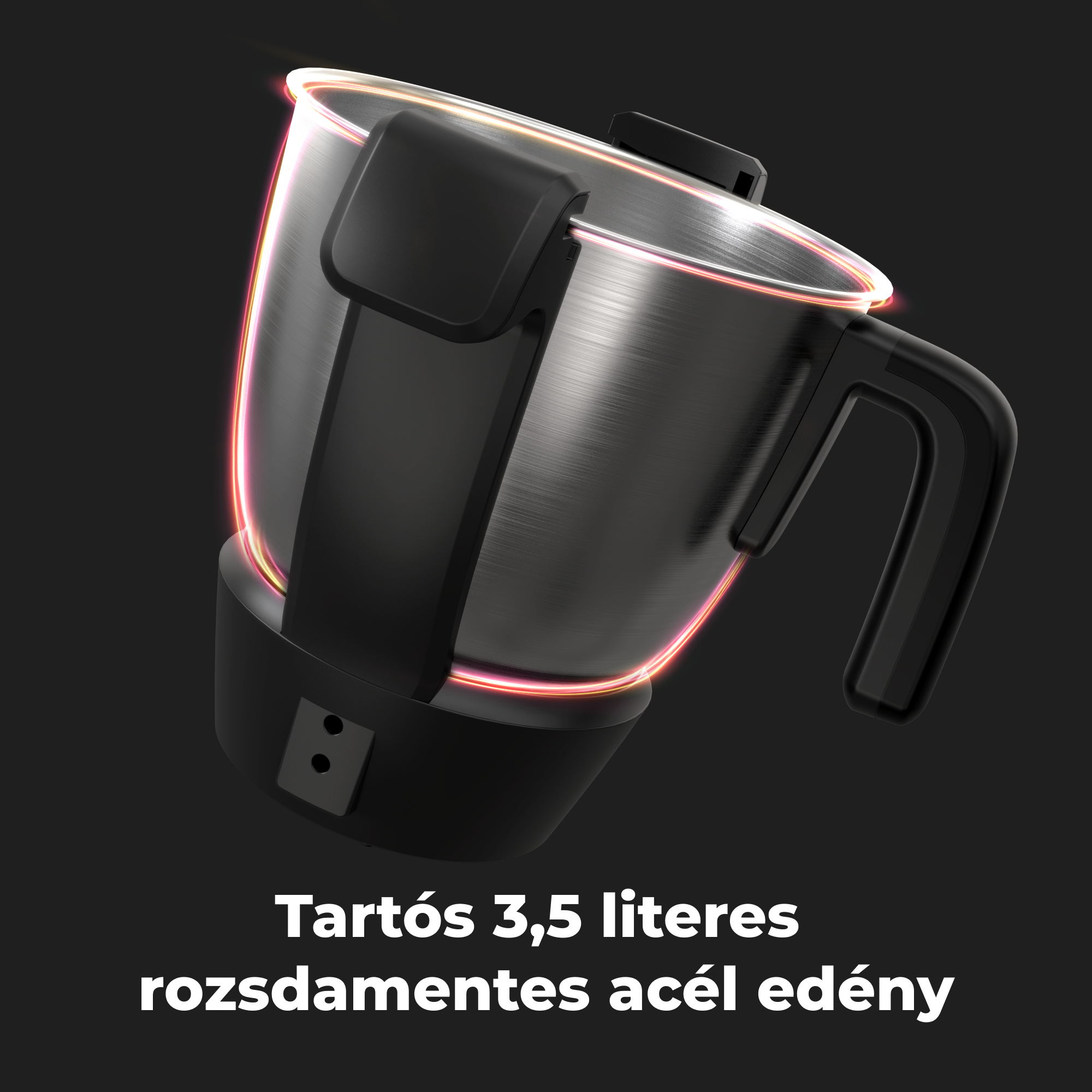Rozsdamentes acél edény fekete fogantyúval és alappal, piros kontúrral fekete háttérben.