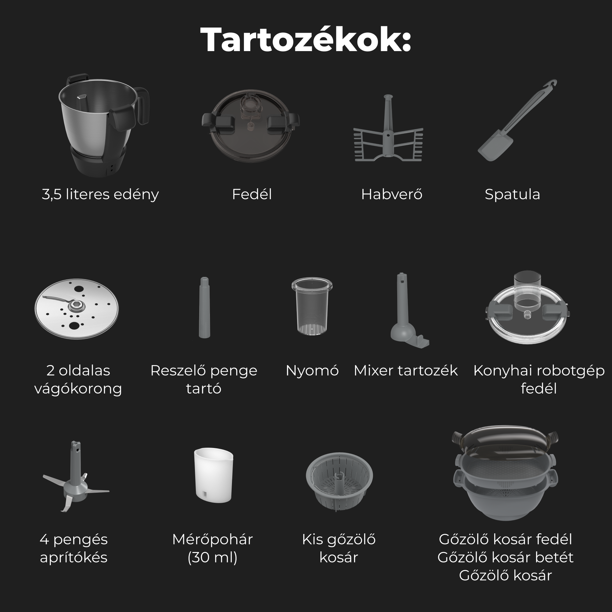 Különféle konyhai készülékek tartozékai fekete háttér előtt, beleértve a tálakat, pengéket és fedőket.