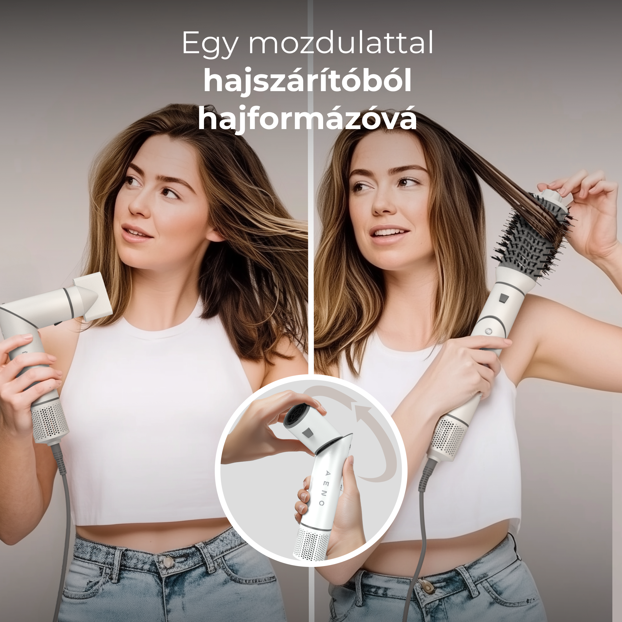 Egy nő hajszárítót és kefét használ. A kép az eszközt és a használatát mutatja.