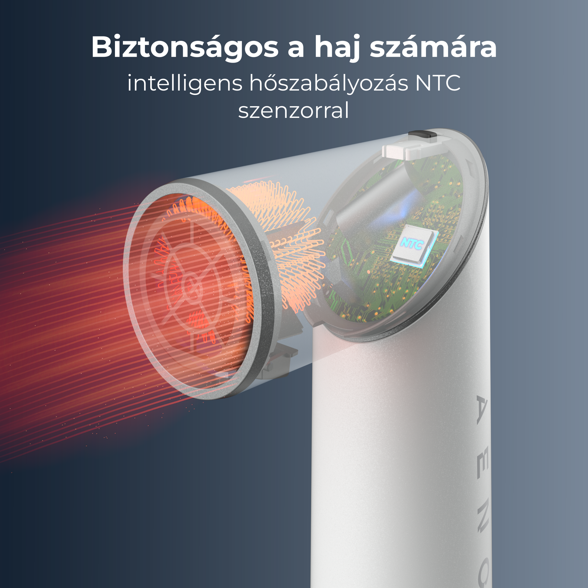 Hajbiztonsági koncepció NTC intelligens hőmérséklet-szabályozással. Átlátszó részek, piros hő látható.