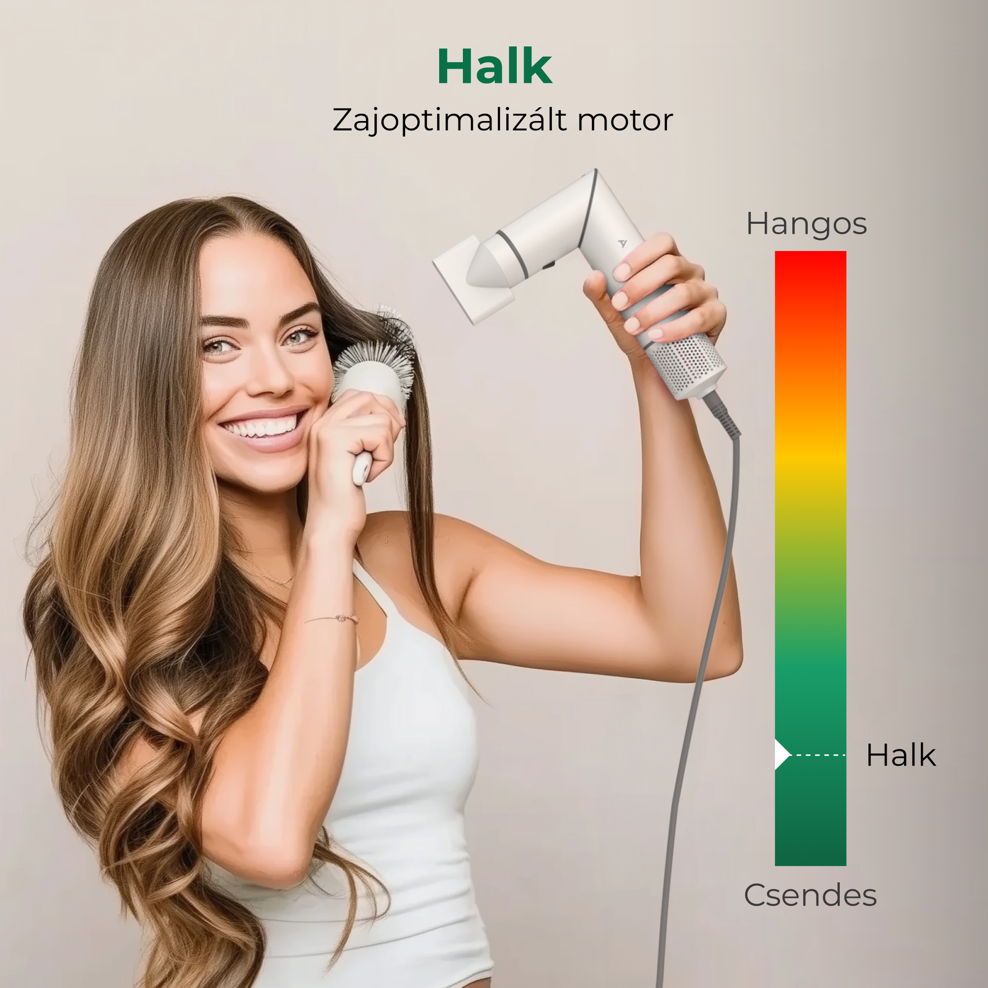 Egy nő mosolyog, miközben hajszárítót és kefét használ. A zajszintjelző 'Halk' és 'Csendes' feliratot mutat. A hajszárító fehér.
