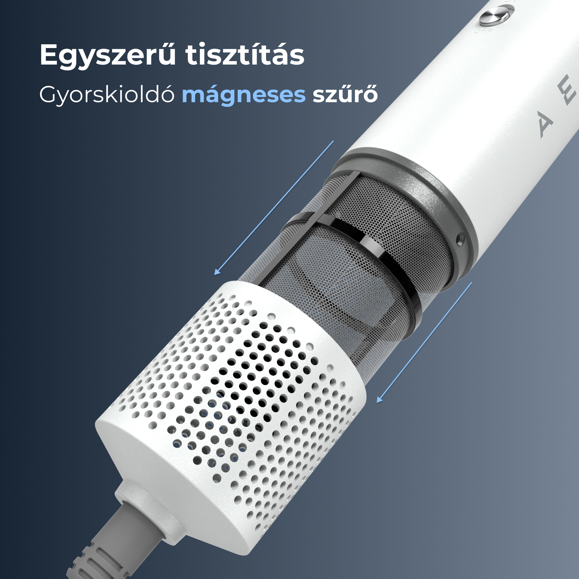 Egy fehér hajszárító levehető szűrővel látható. A magyar szöveg szerint 'Egyszerű tisztítás' és 'Gyors kioldású mágneses szűrő'.