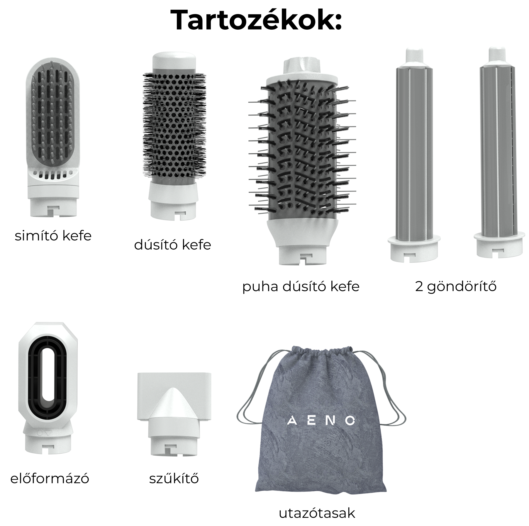 A képen hajformázó tartozékok láthatók: simító kefe, volumennövelő kefék, göndörítő fejek és egy utazótáska.