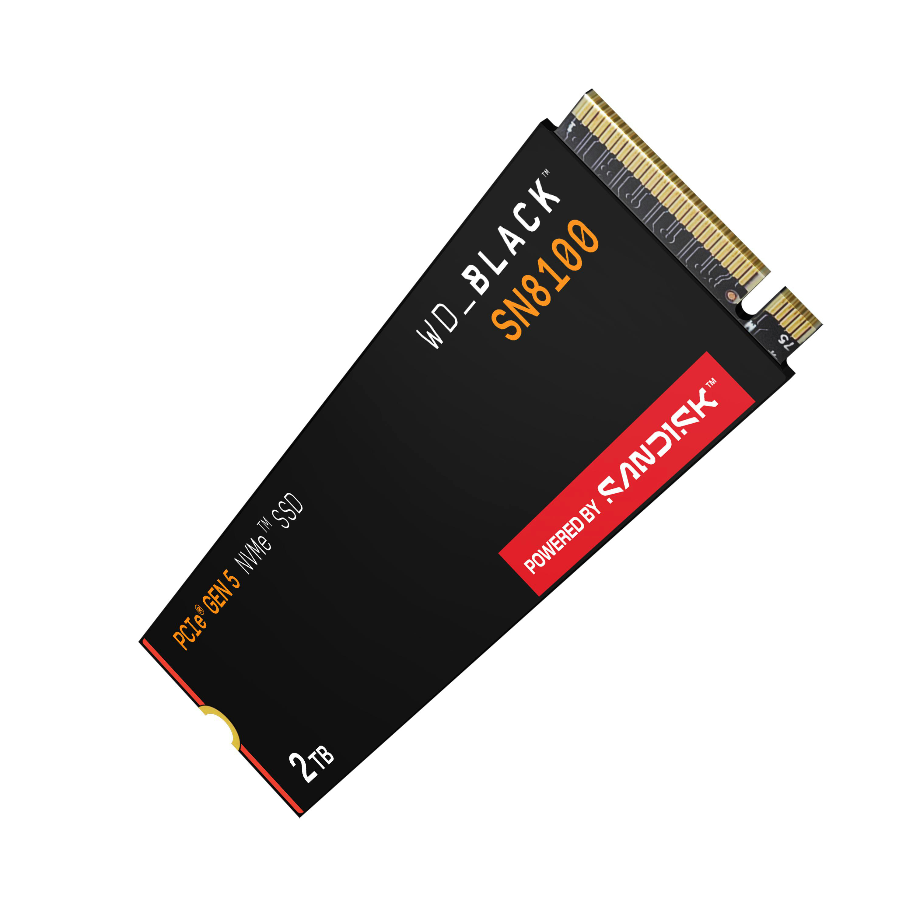 Eine schwarze WD_BLACK SN8100 NVMe SSD mit Text 'POWERED BY SANDISK' und '2TB' Kapazität, vor weißem Hintergrund.