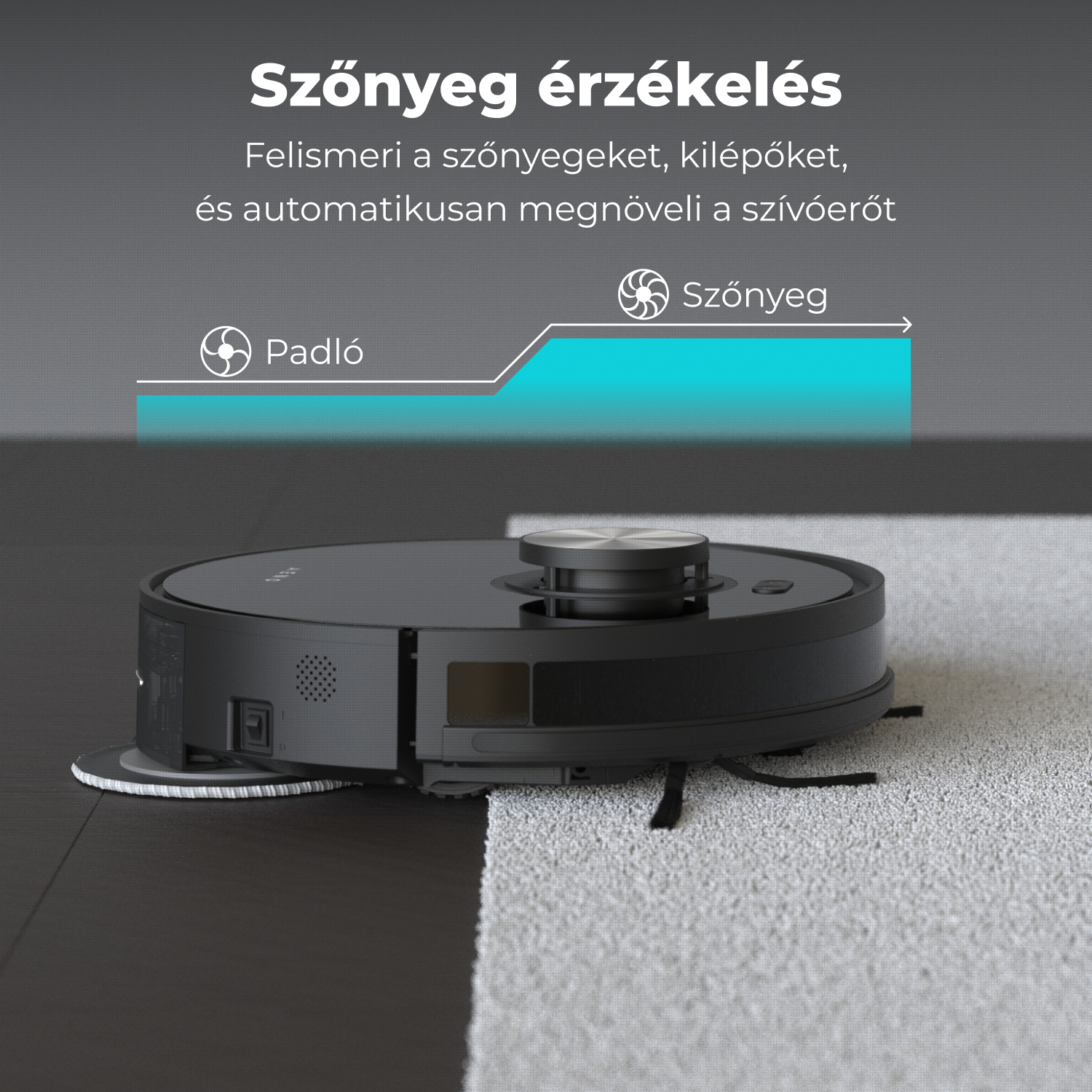 Fekete robot porszívó a padlón és a szőnyegen. A fenti szöveg a 'Szőnyeg érzékelés'.