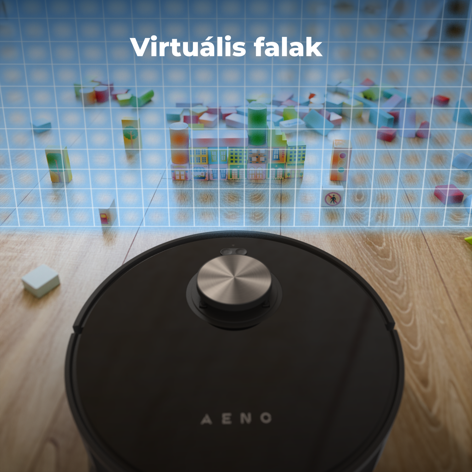 Fekete robotporszívó a fa padlón, színes játékkockákkal a háttérben, kék rácsozással.