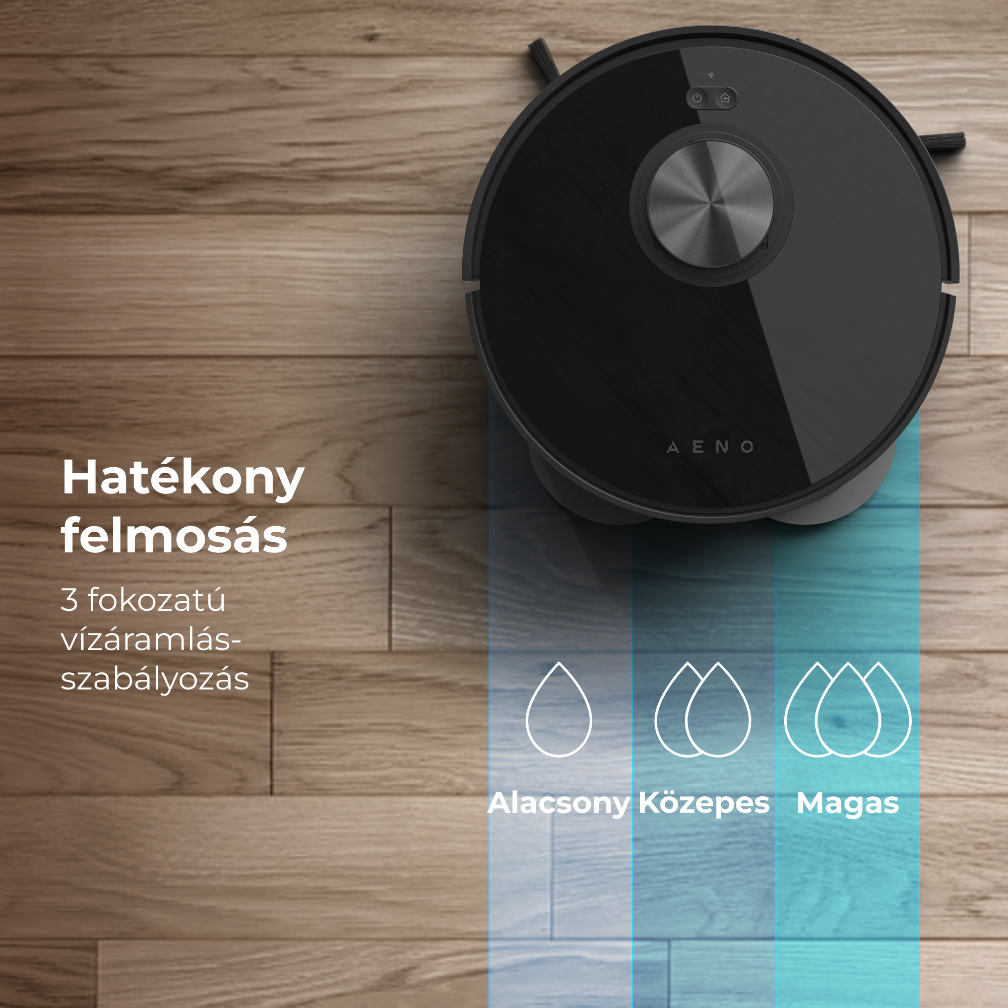 Fekete robotporszívó fa padlón. Szöveg: Hatékony felmosás, 3 szintű vízszabályozás, alacsony, közepes és magas beállítással.