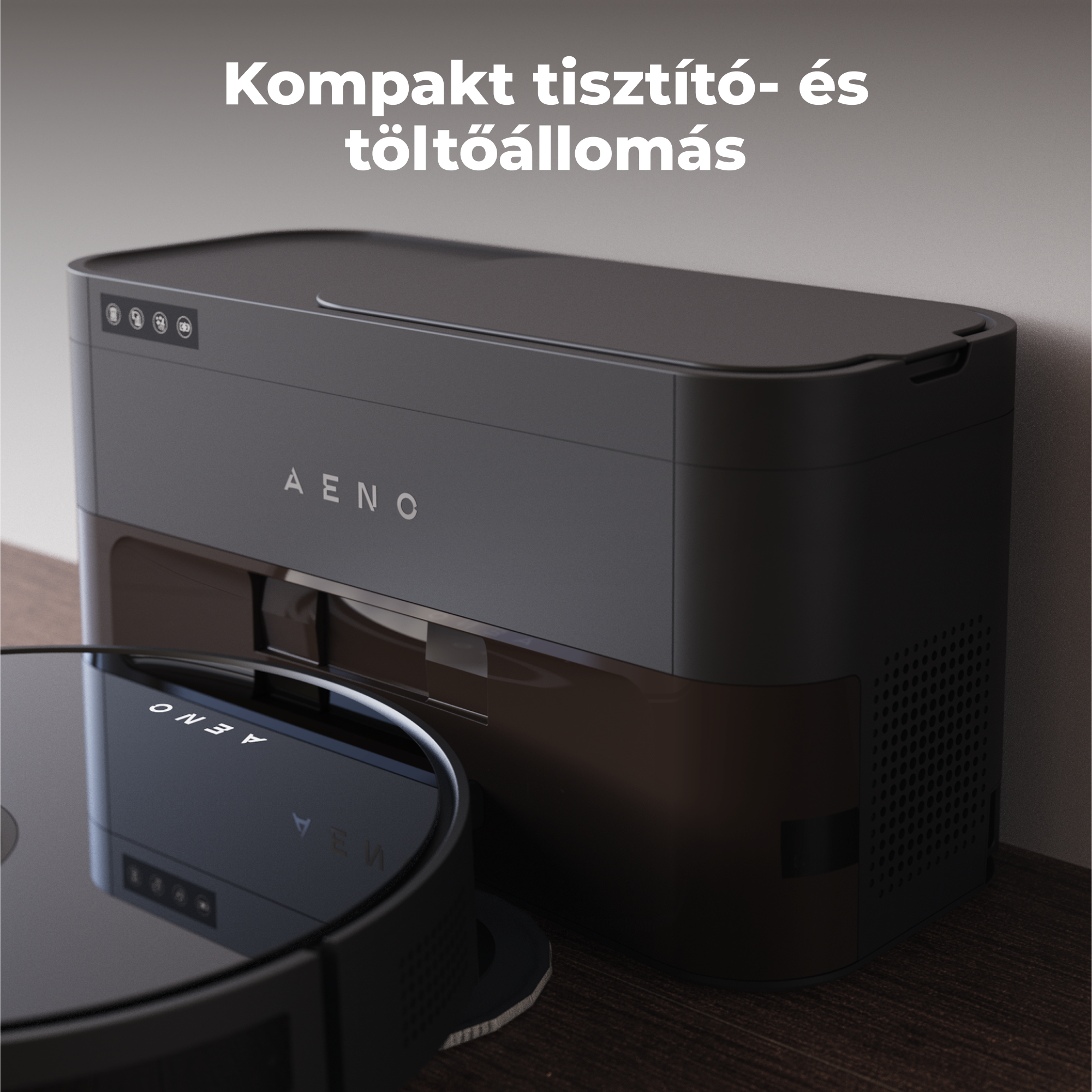 Fekete robotporszívó és töltőállomás. A porszívó kerek, az állomás téglalap alakú.