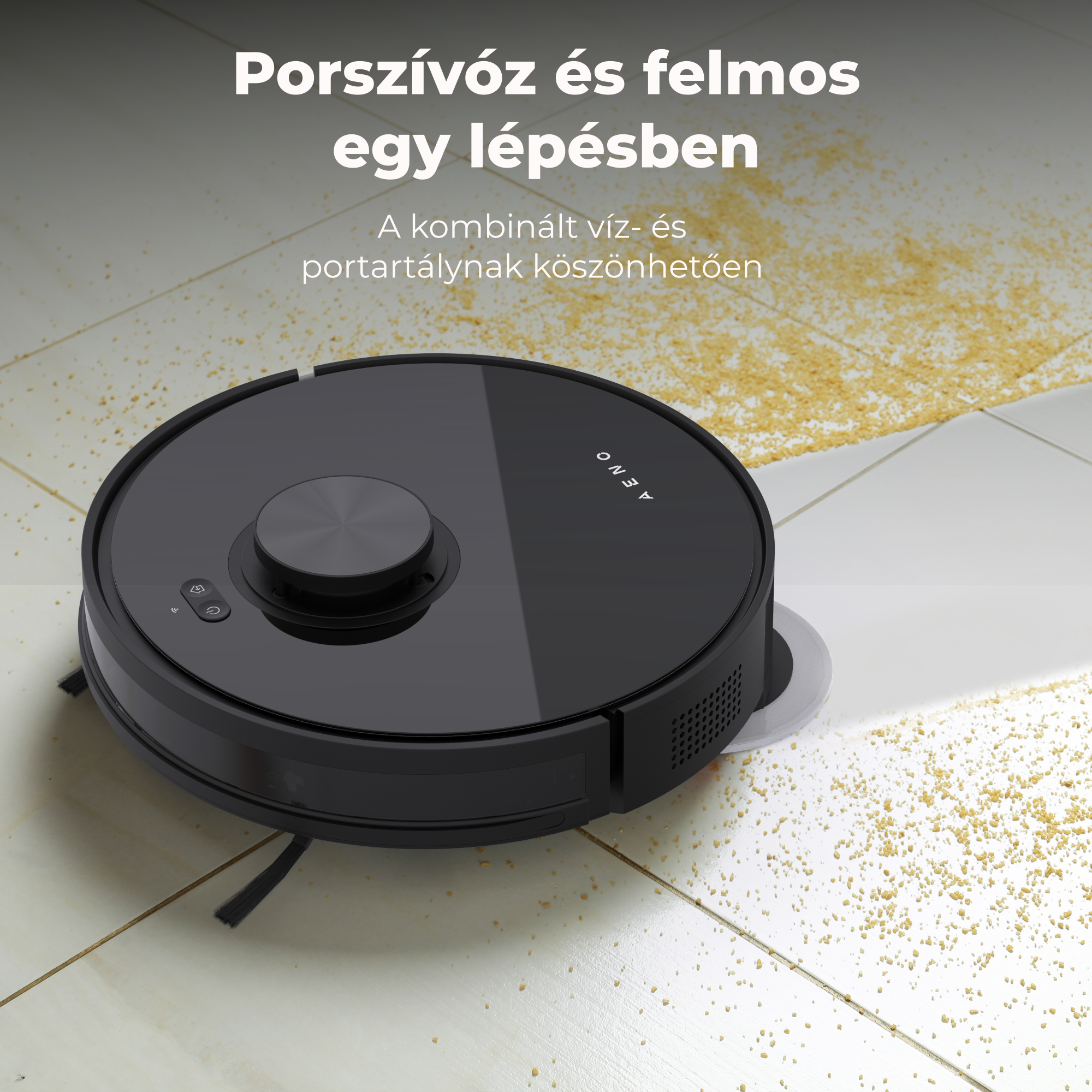 Egy fekete robot porszívó tisztít egy fehér csempézett padlót, ami törmelékkel van tele. Magyar szöveg: Porszívózás és felmosás egy lépésben.