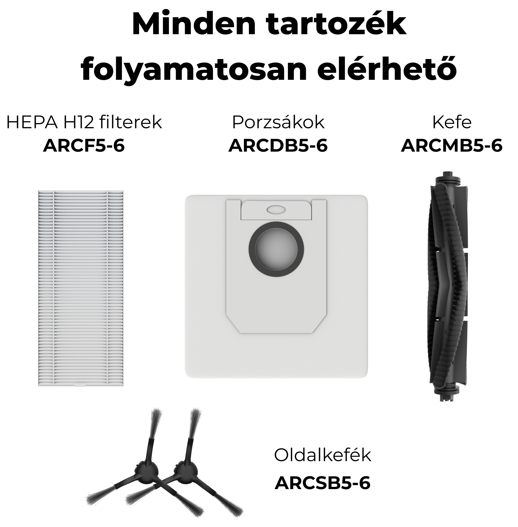 A képen porszívó alkatrészek láthatók, köztük szűrő, porzsák, kefe és oldalkefék. Mind fehér és fekete.