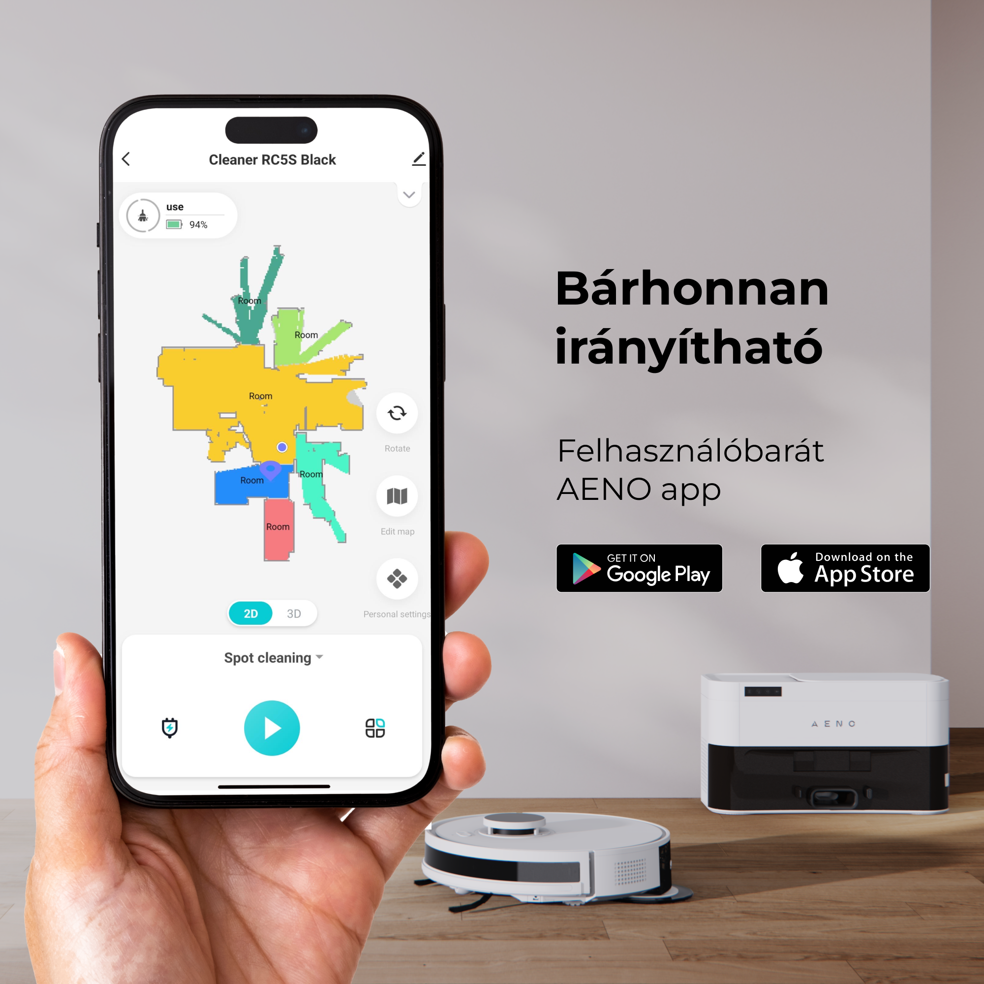 Egy kéz egy telefont tart, amely egy szobaterképet jelenít meg. Egy robotporszívó és egy töltőállomás is látható.
