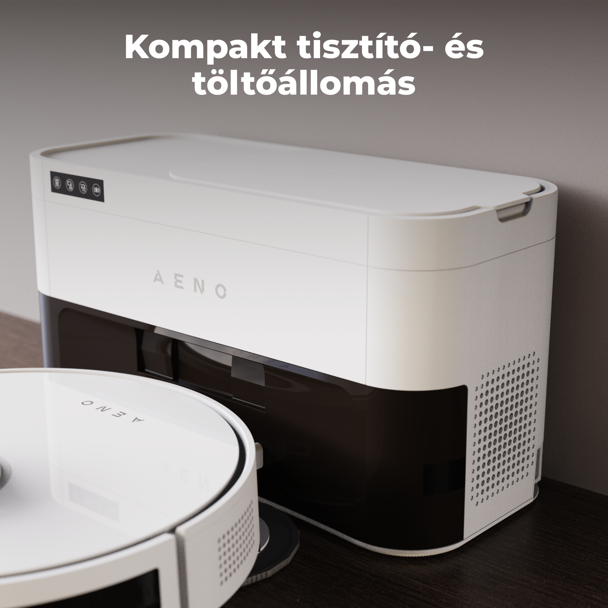 Fehér robotporszívó és töltőállomás fa felületen. A töltőállomás márkaneve 'AENO'.