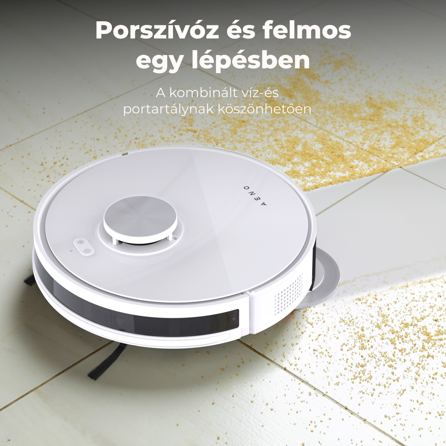 Egy fehér robotporszívó a csempézett padlón. Apró, szétszórt részecskéket takarít. Felül magyar nyelvű szöveg.