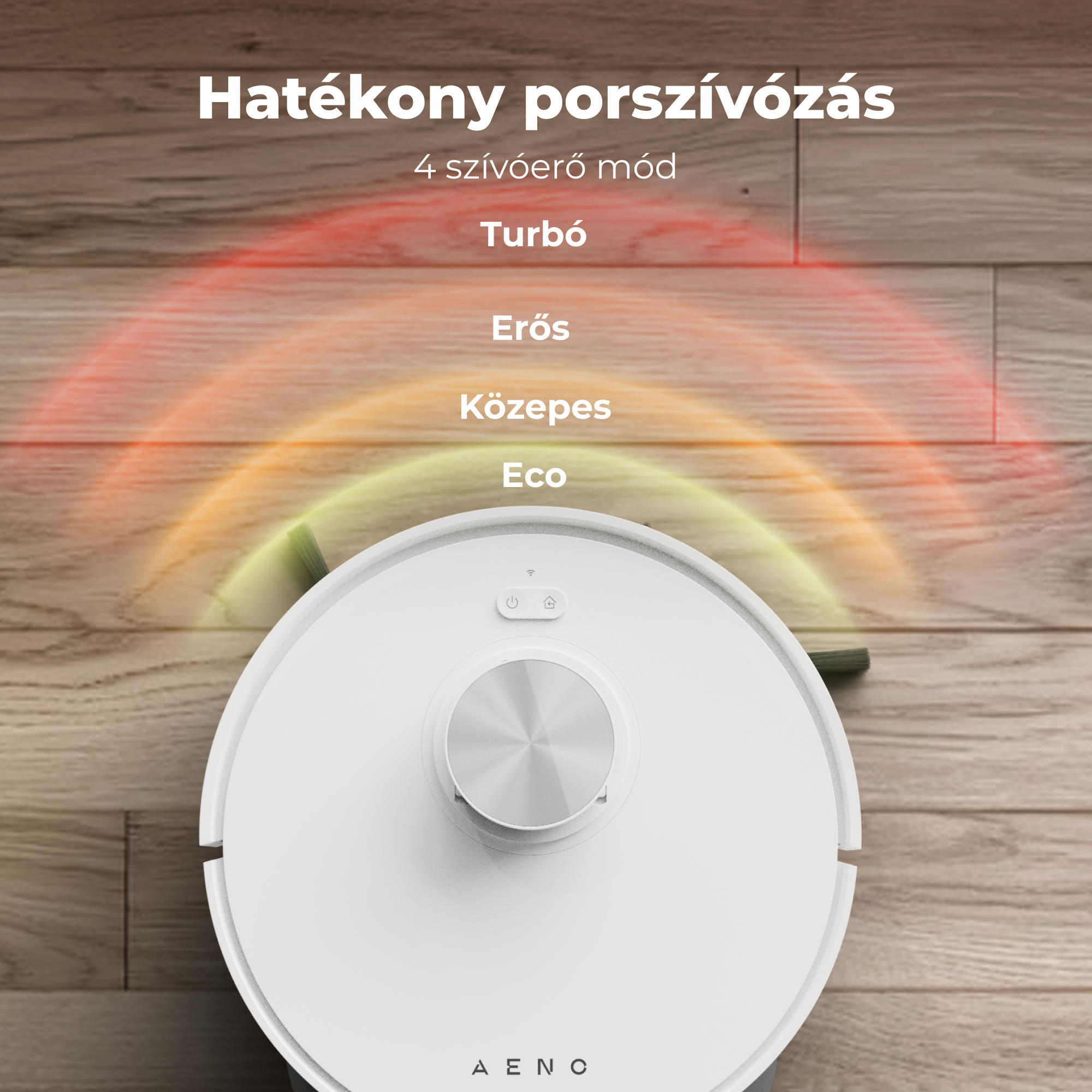 Fehér robotporszívó beállításokkal. Szöveg: Turbo, Erős, Közepes és Eco.