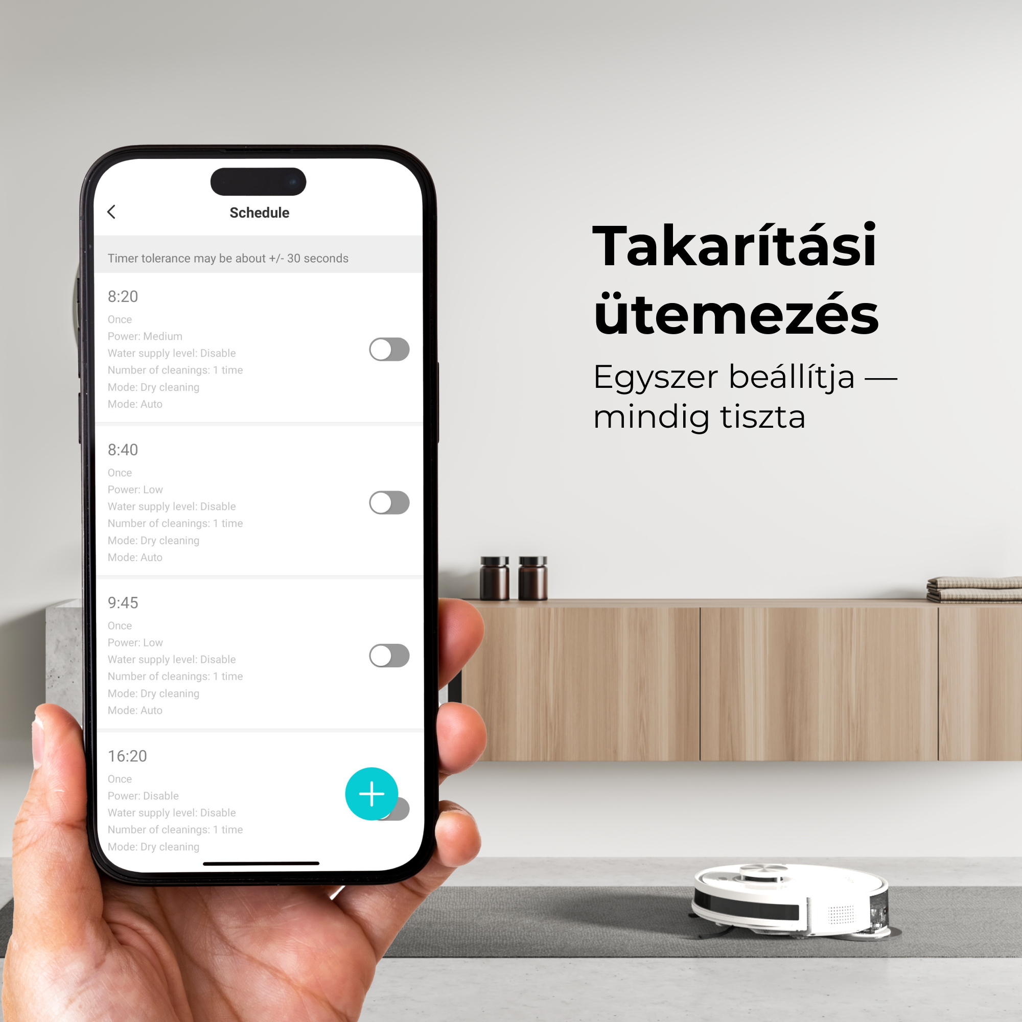 Egy kéz egy takarítási ütemezést mutató telefont tart. Egy robotporszívó a padlón van. A szöveg azt mondja: 'Takarítási ütemezés'.