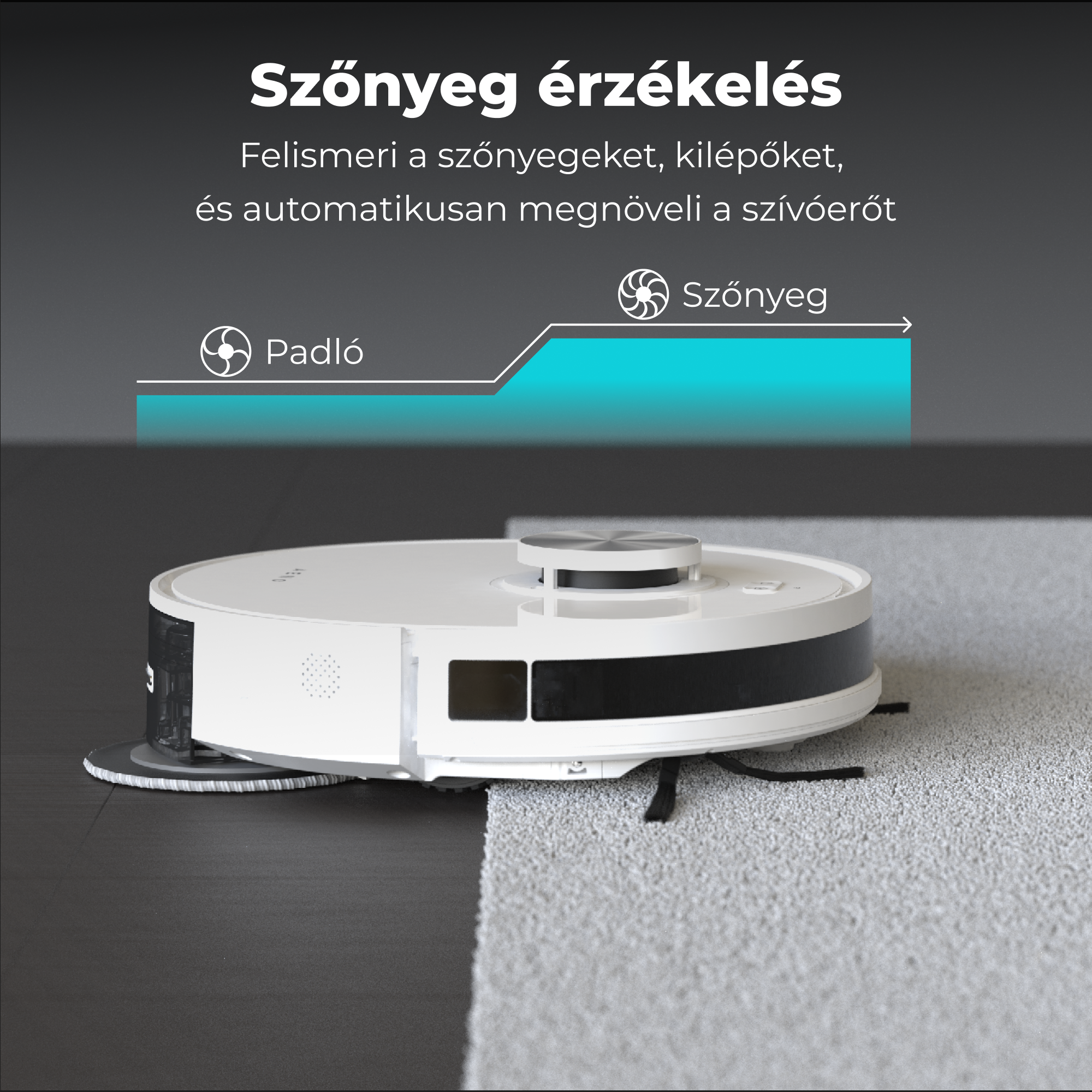 Egy fehér robot porszívó a padlón. Érzékeli a szőnyegeket, és növeli a szívóerőt.