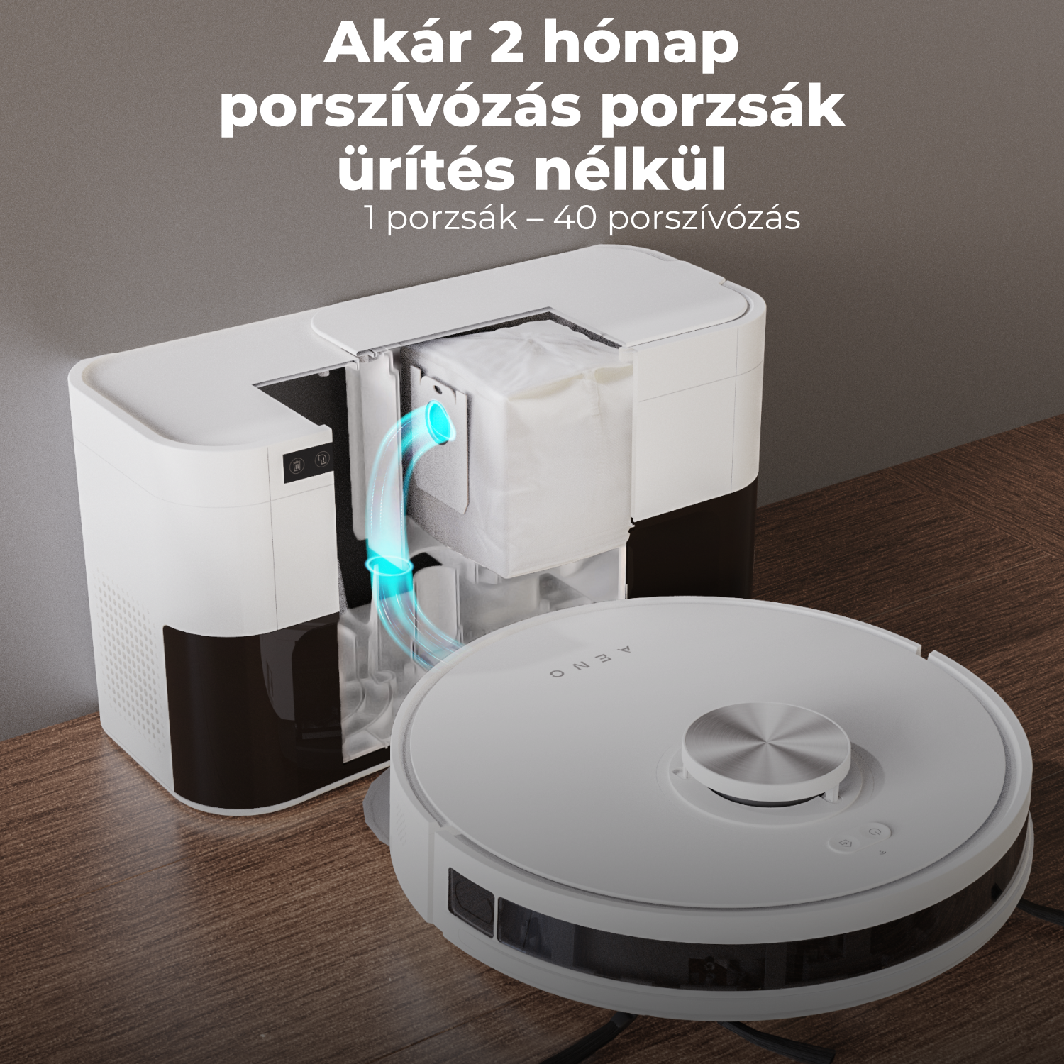 Egy fehér robotporszívó és egy fehér-fekete töltő/tisztító állomás fa felületen. Magyar nyelvű szöveg.