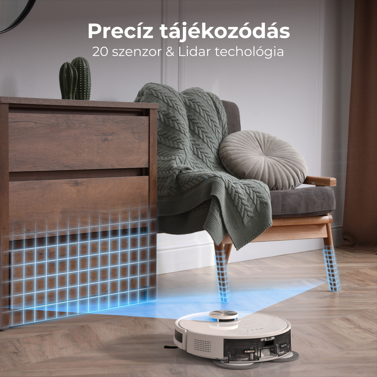 Egy robotporszívó takarít egy szobát. Egy fa szekrény és egy szék takaróval a háttérben.