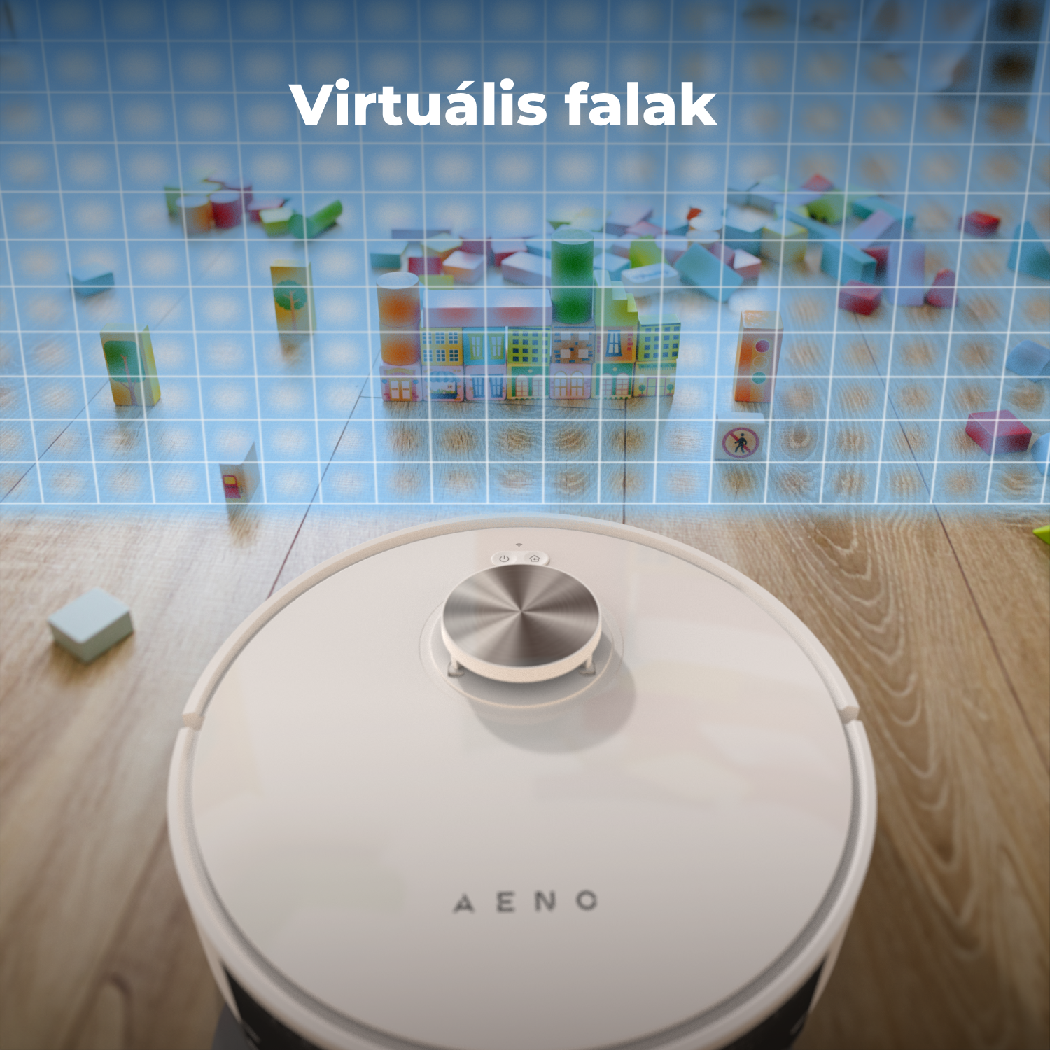 Egy fehér robotporszívó, rajta az 'AENO' felirattal. Felette színes játékkockák vannak egy virtuális rácsban, egy fa padlón.